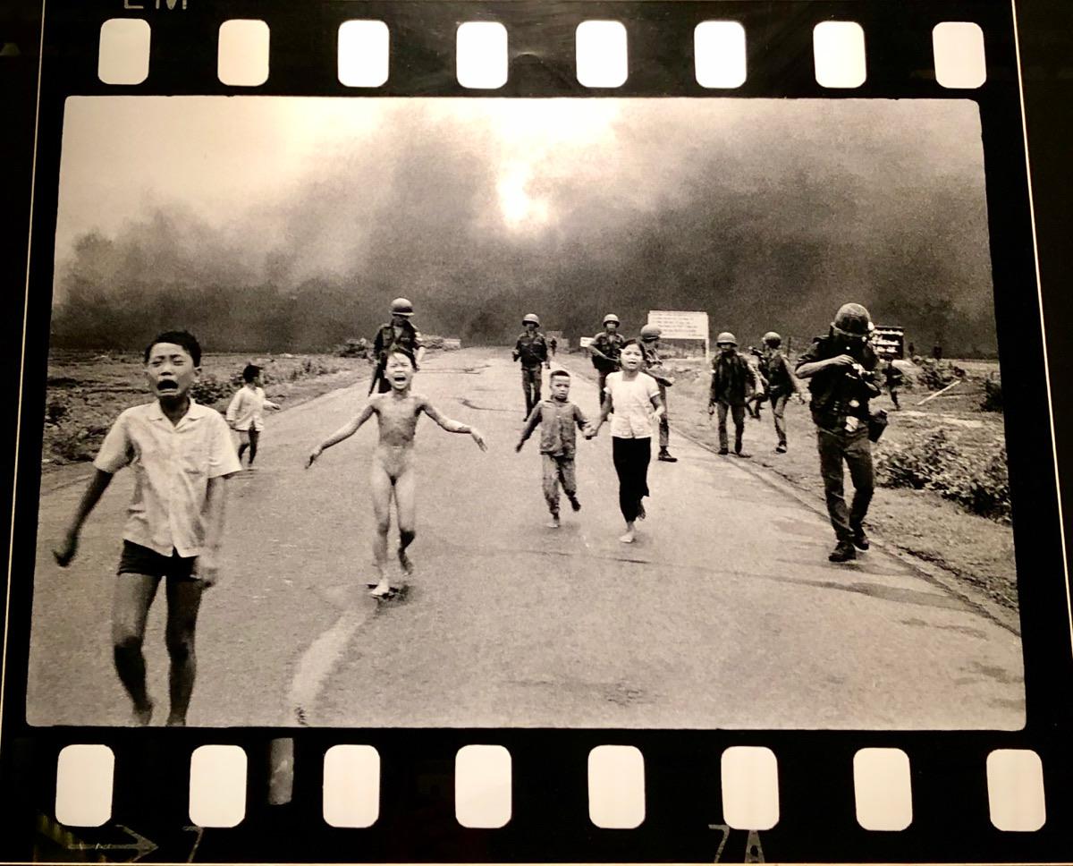 The photo of “napalm girl” taken by a reporter in 1972 where a bomb was