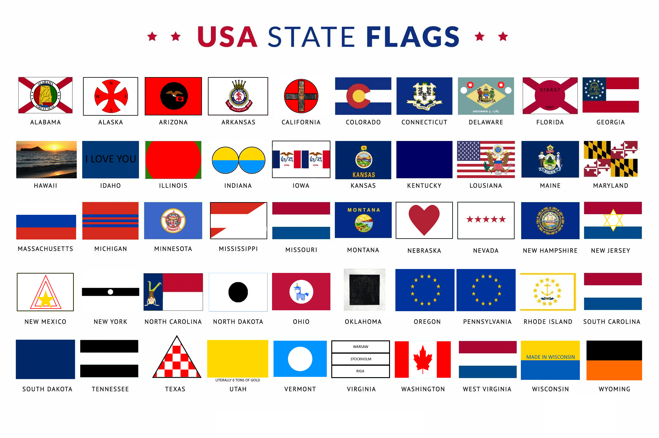 US state flags, but redesigned by AI vexillologycirclejerk