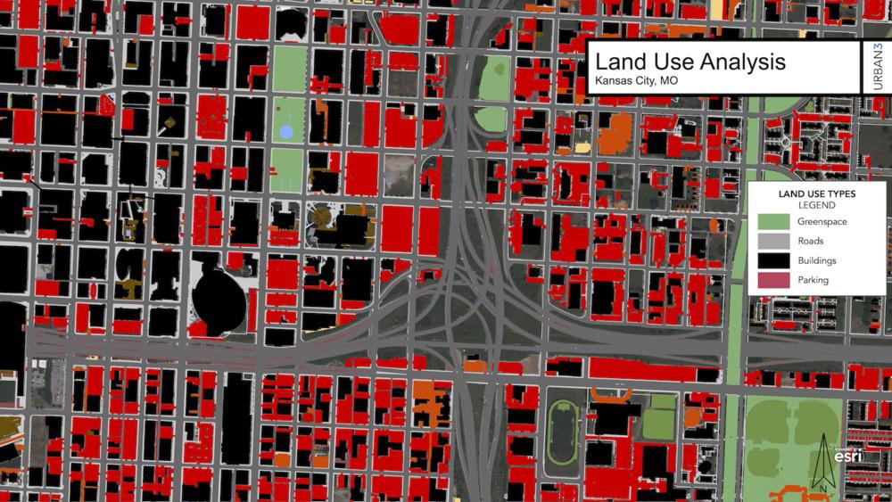 Land Use Analysis of downtown Kansas City, MO. Red is parking. r