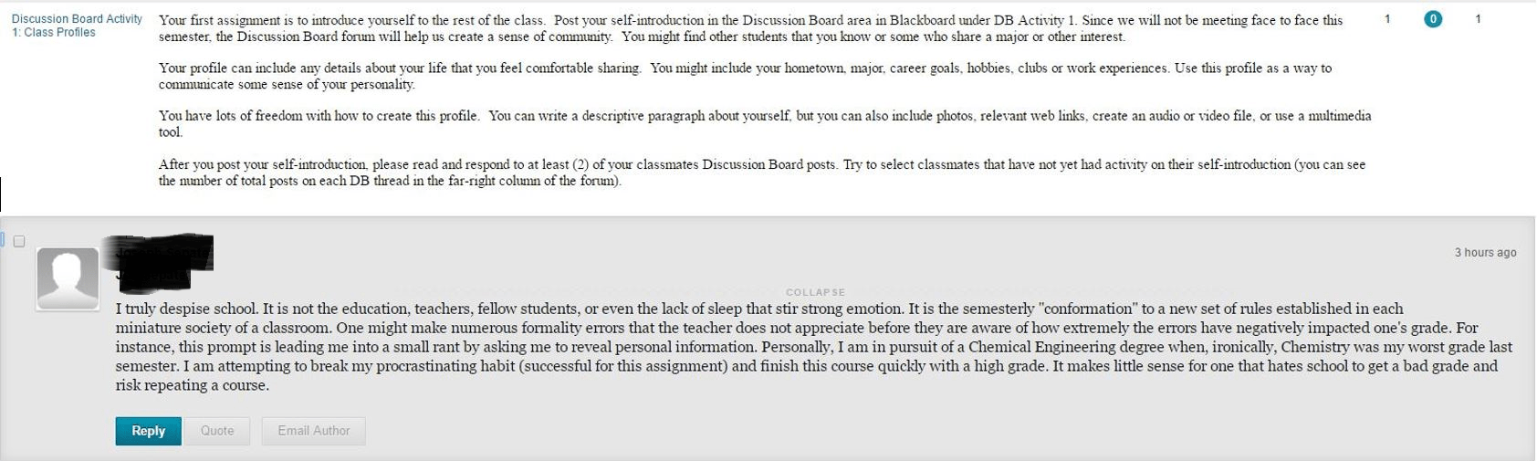 First Response to a Simple, Generic Introduction Thread for my College