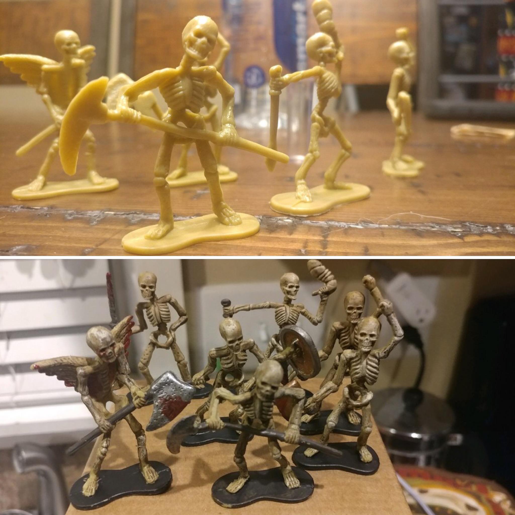 Nothing crazy, but I transformed a few Dollar Store toy skeletons for
