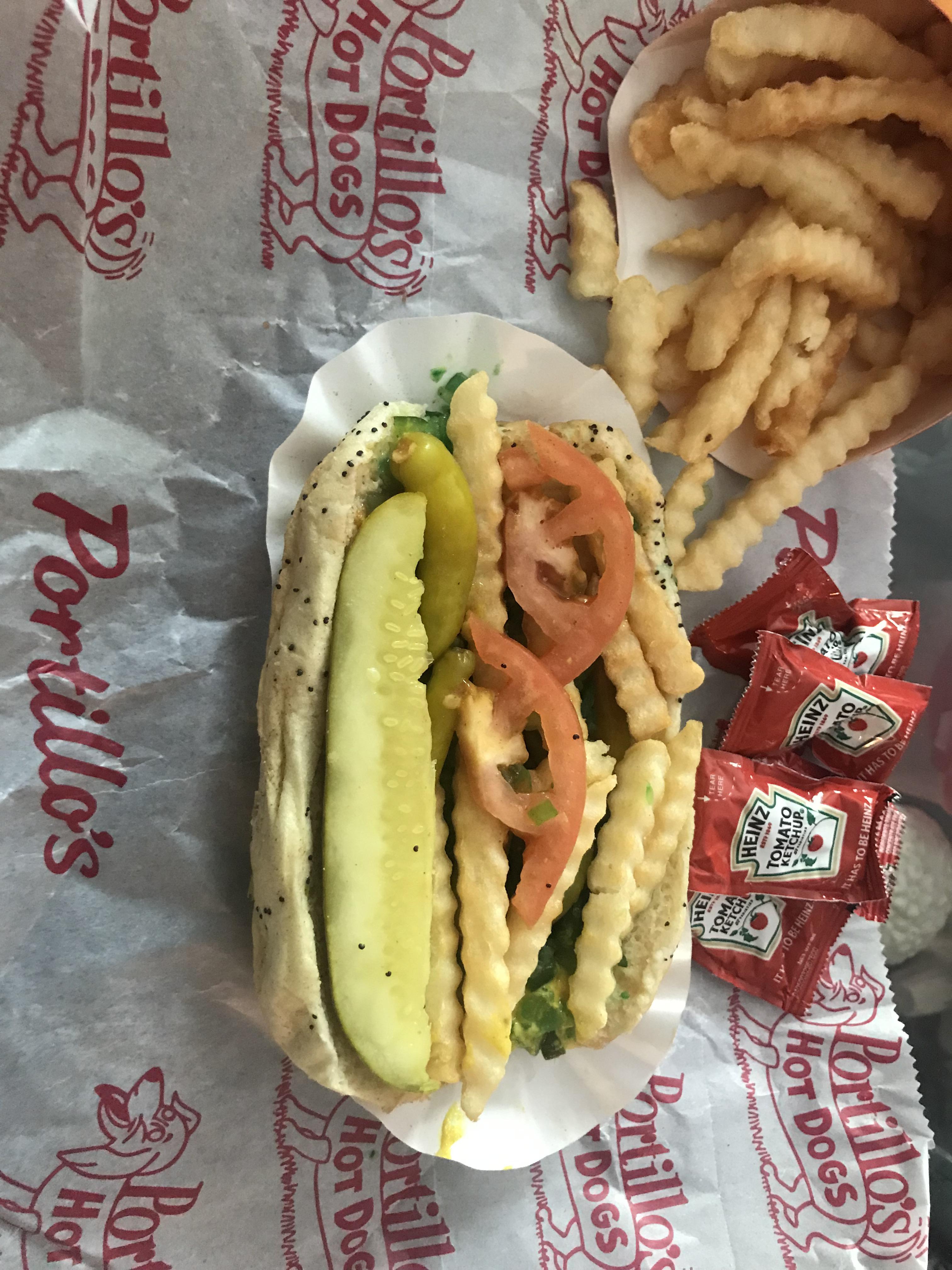 “Veggie” dog from Portillos. Just fries subbed for the hot dog, hits
