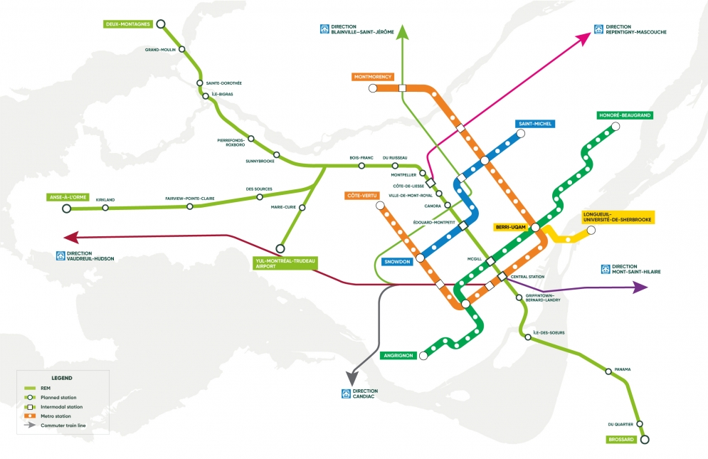 Montreal's commuter and metro rail network once the REM is completed in