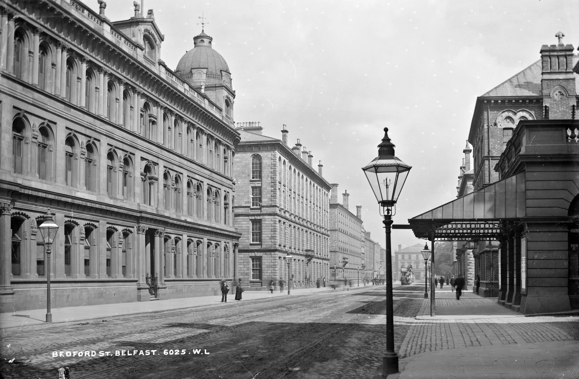 Bedford Street. Ewart's Warehouse on the left and Ulster Hall both can be seen. Looking towards
