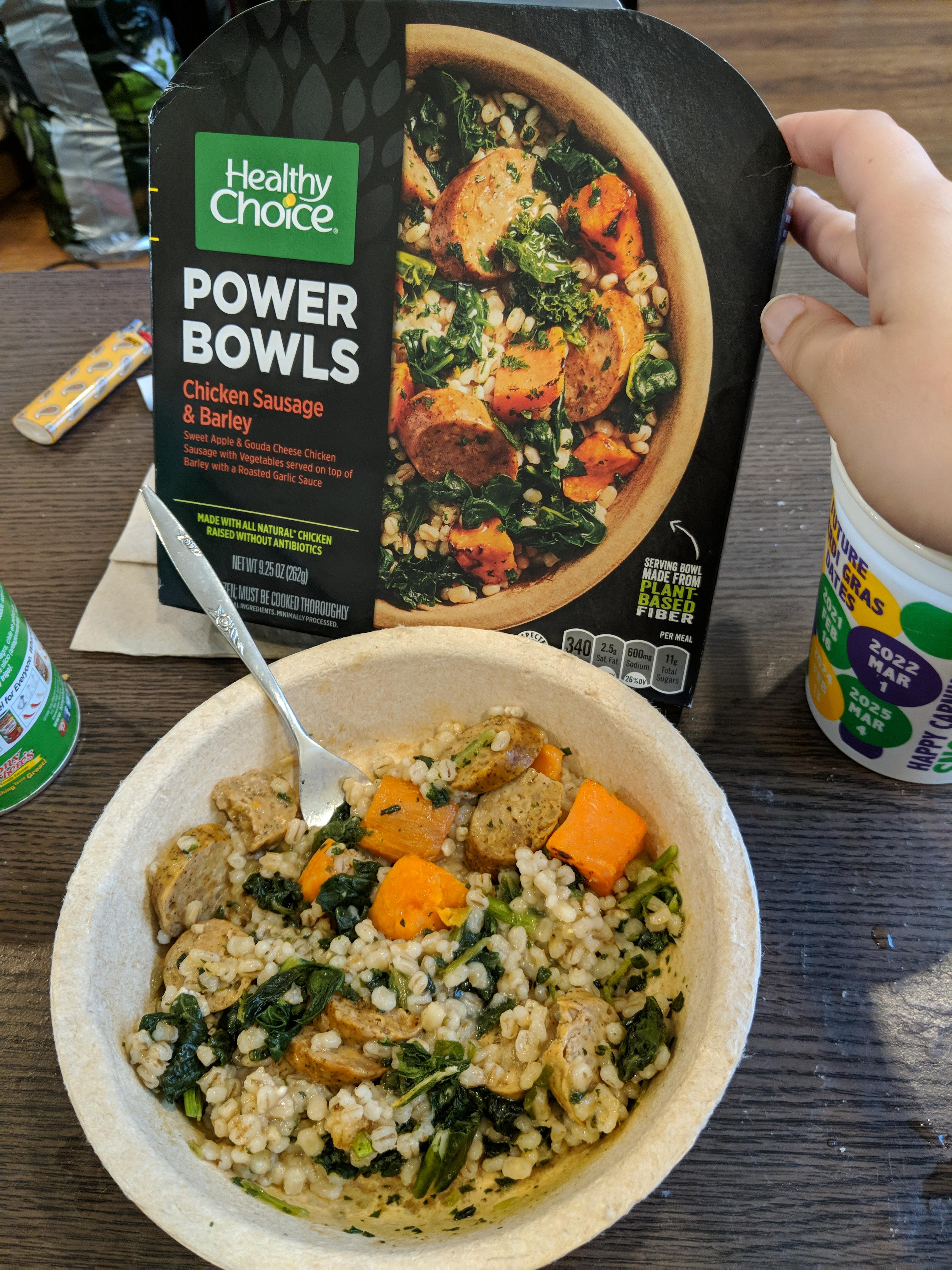 Healthy Choice Power Bowls Chicken Sausage & Barley. 7/10 taste. r