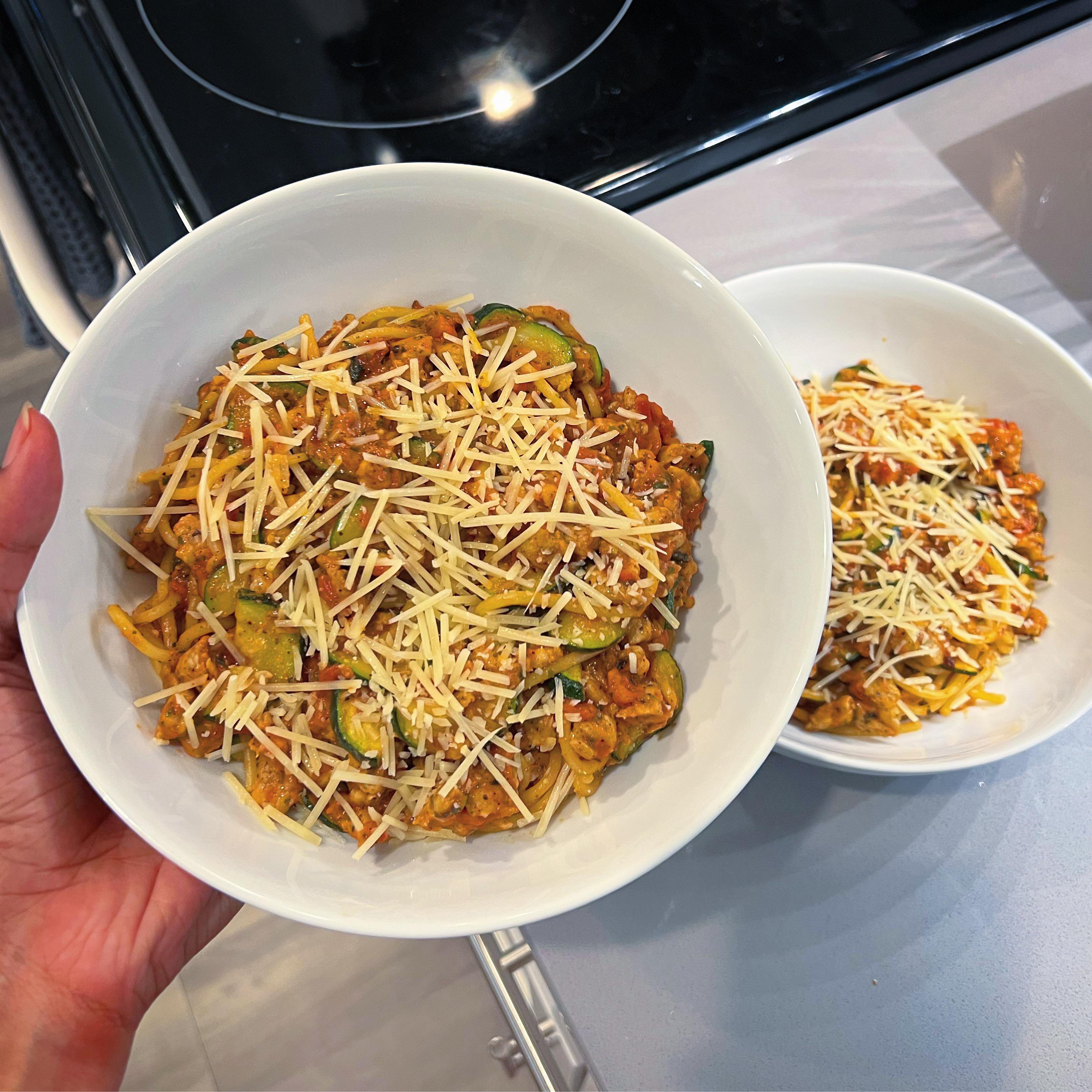 Chicken sausage spaghetti bolognese with zucchini & parmesan 7/10