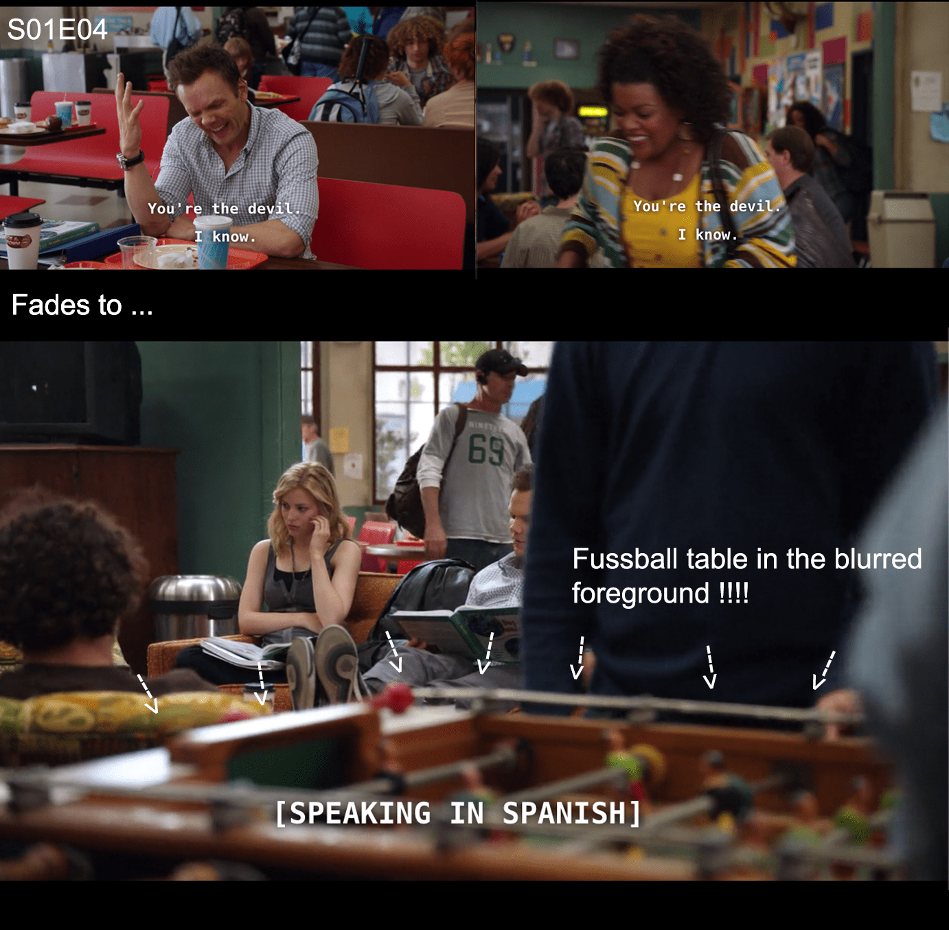 Foreshadowing of Jeff and Shirley's foosball episode, S03E09 "Foosball