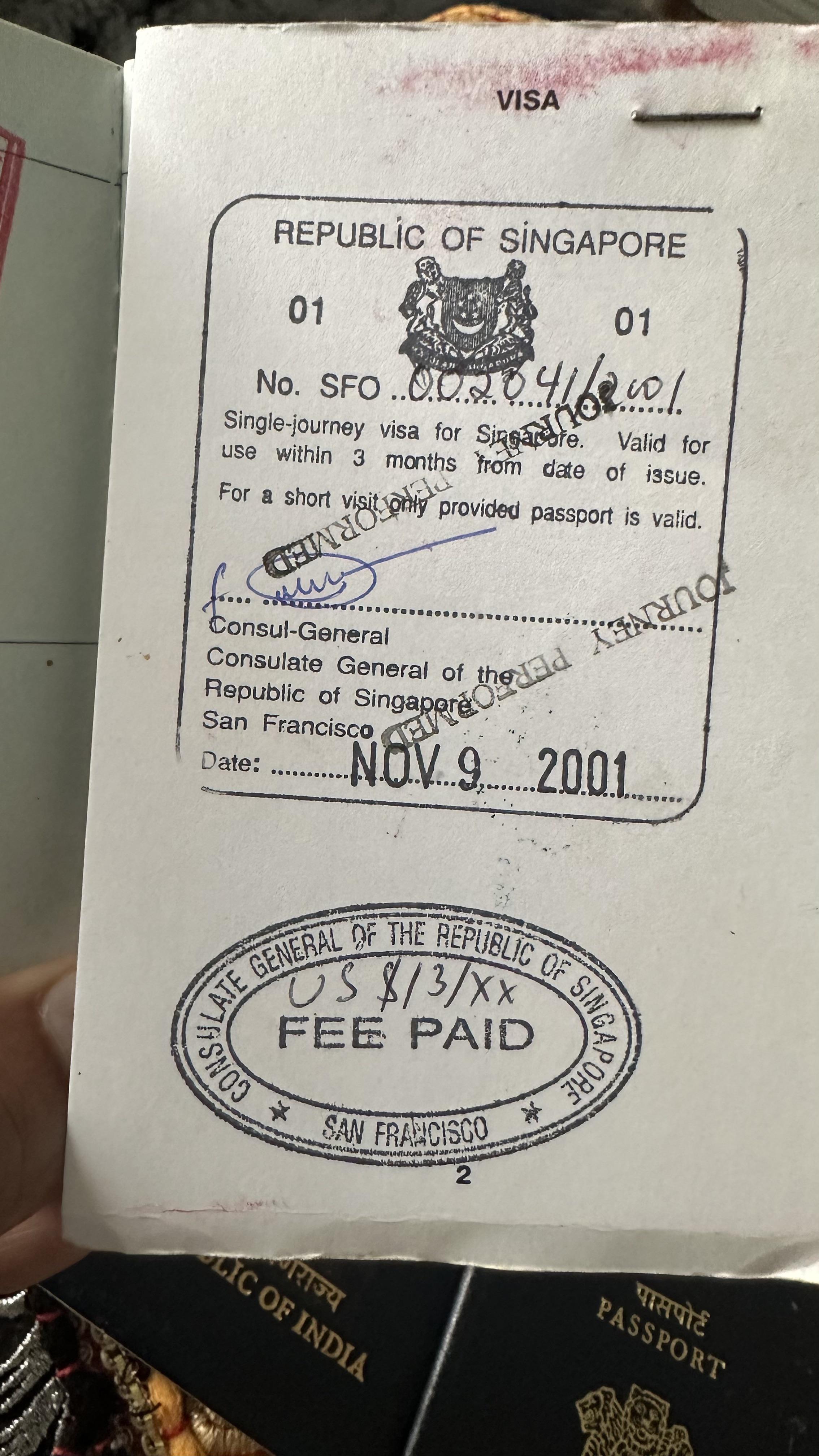2001 Stapled Singapore Visa from San Francisco consulate r/PassportPorn
