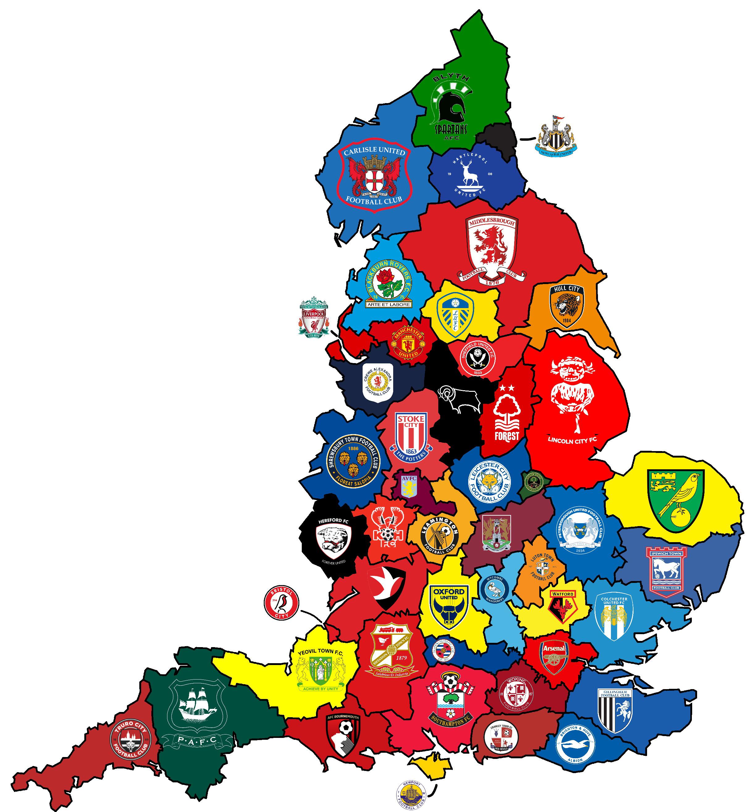 The "biggest" football club in each England county. [OC] r/CasualUK
