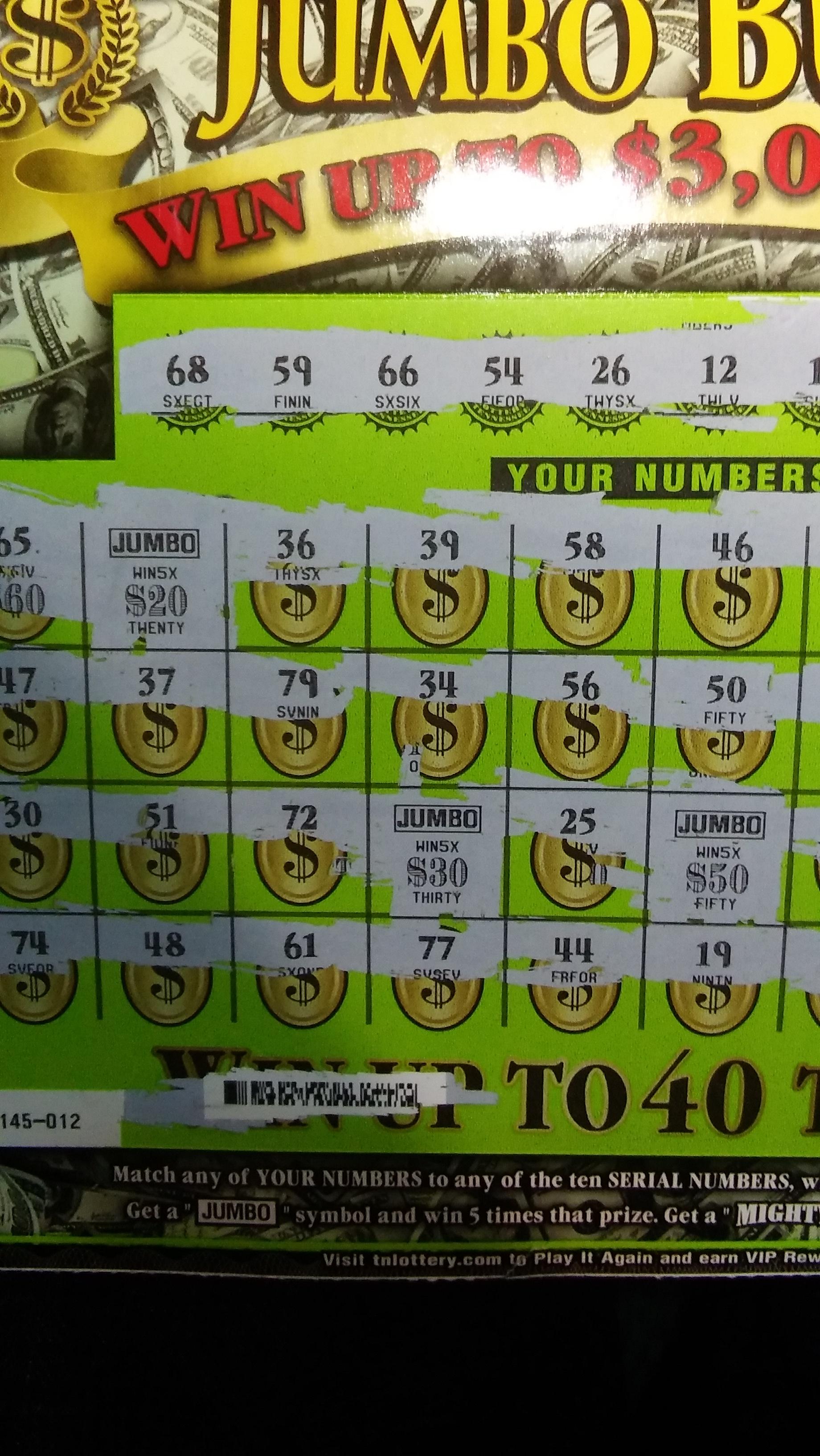 500 off a 30 scratcher. West Tennessee. Made my night! Lottery