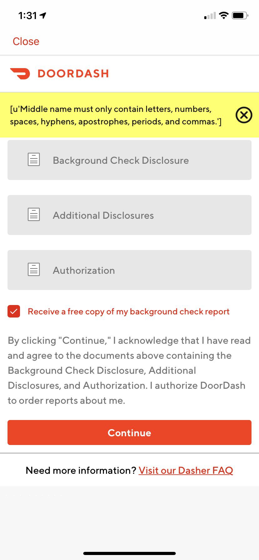 Trying to door dasher, problems help! Maybe I typed middle name