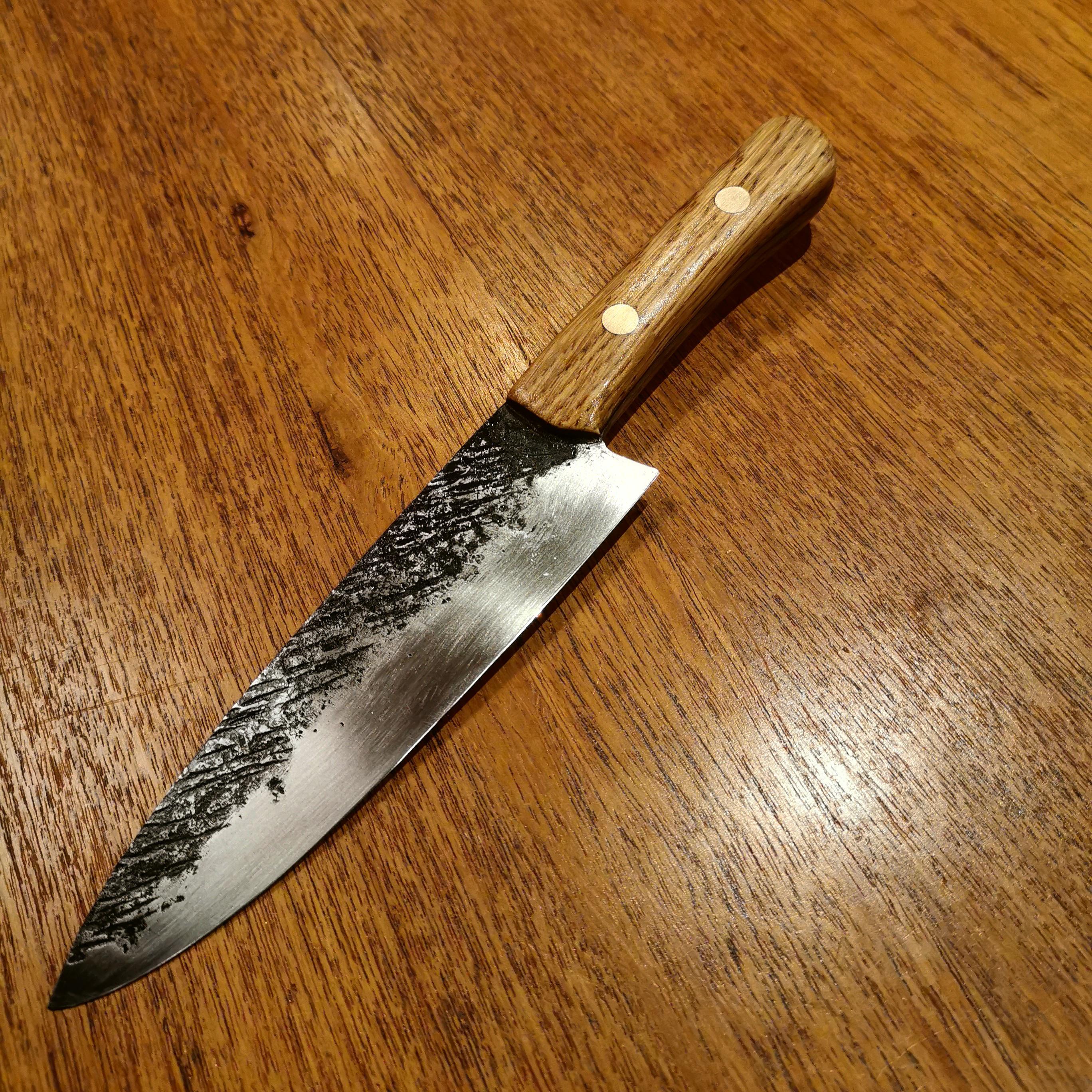 Chefs knife made from 1080 with oak scales and brass pins! r/Bladesmith
