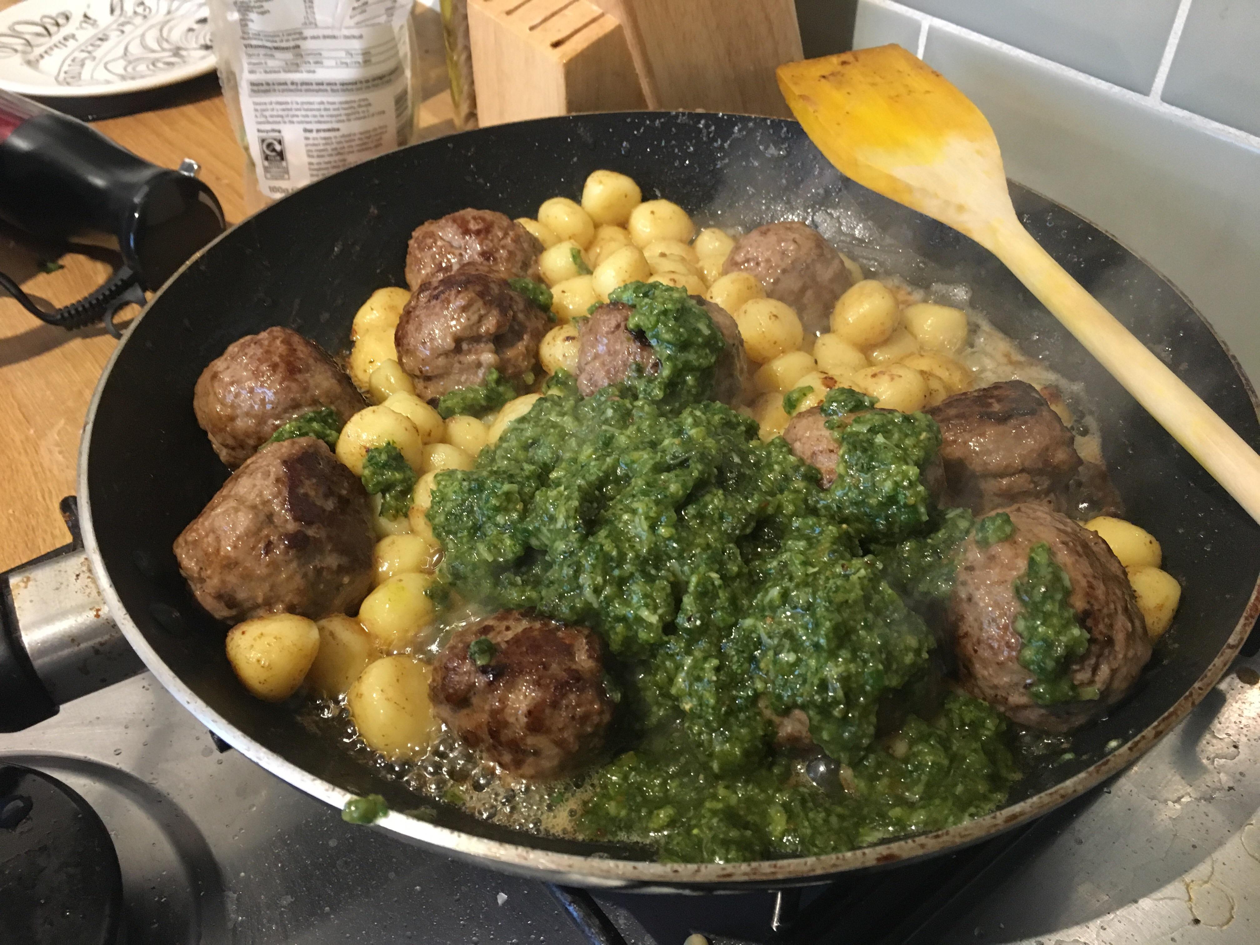 [Homemade] Meatballs,gnocchi and pesto r/food