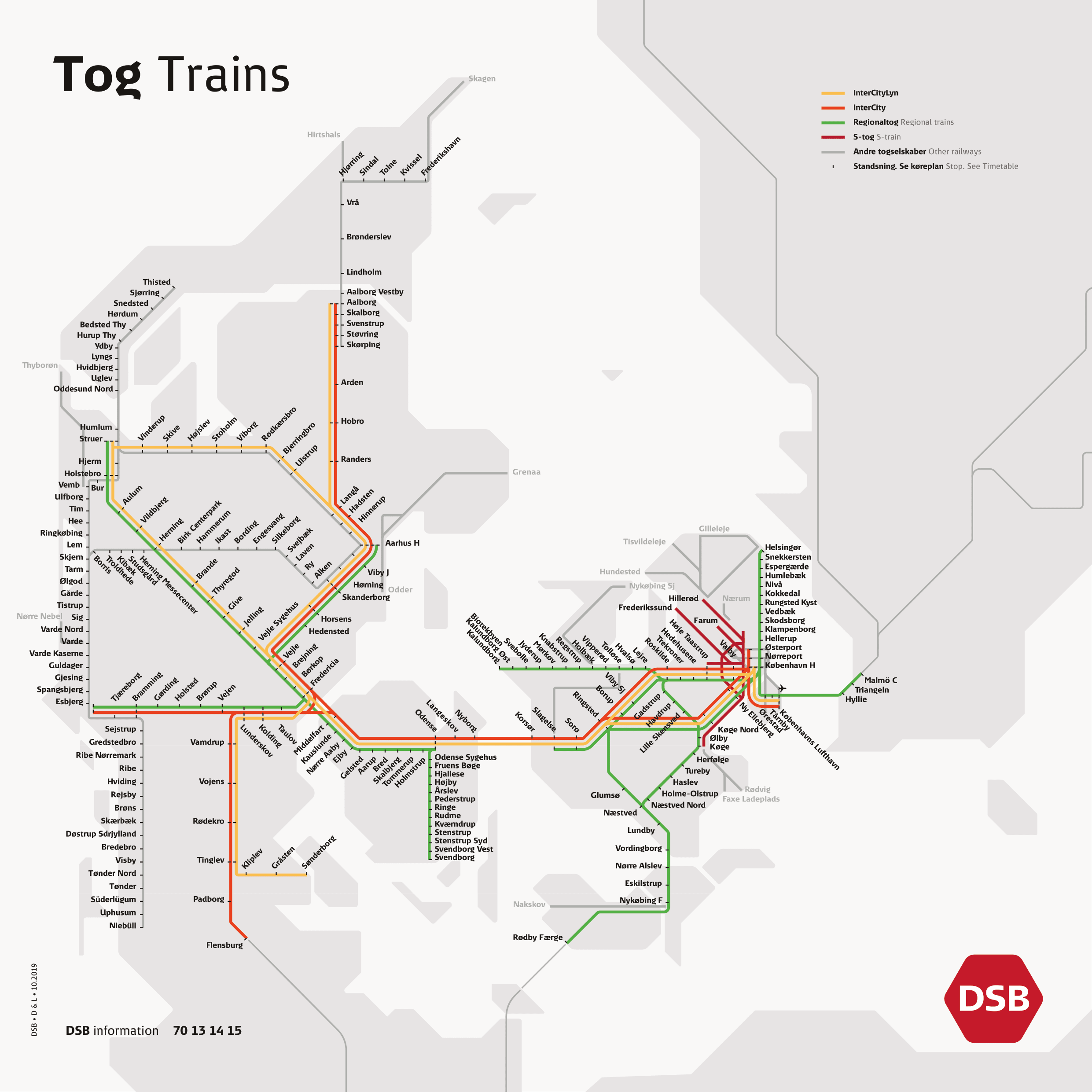 Bahnnetz Dänemark Karte Map of passenger train lines in Denmark transit