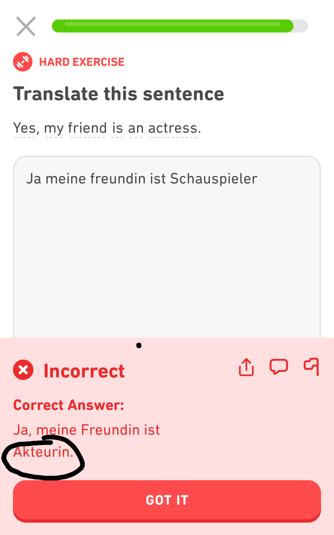 So confused! I've never seen this word before I know I should've put 'Schauspielerin', but why