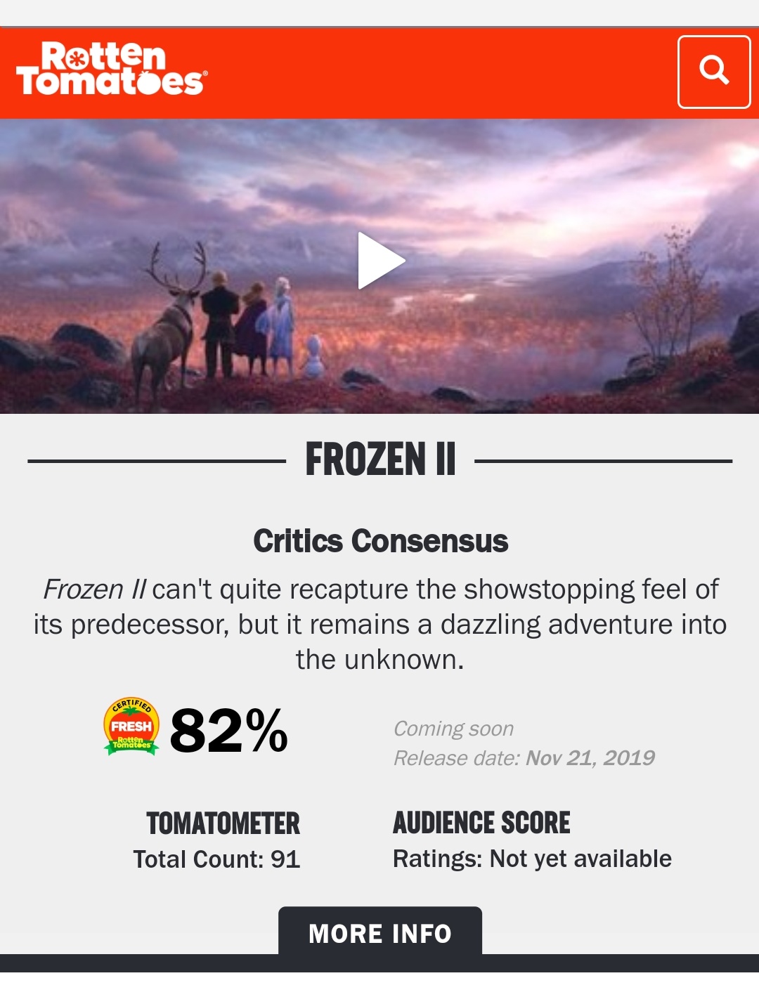 "Frozen II" is now certified FRESH on Rotten Tomatoes! r/boxoffice