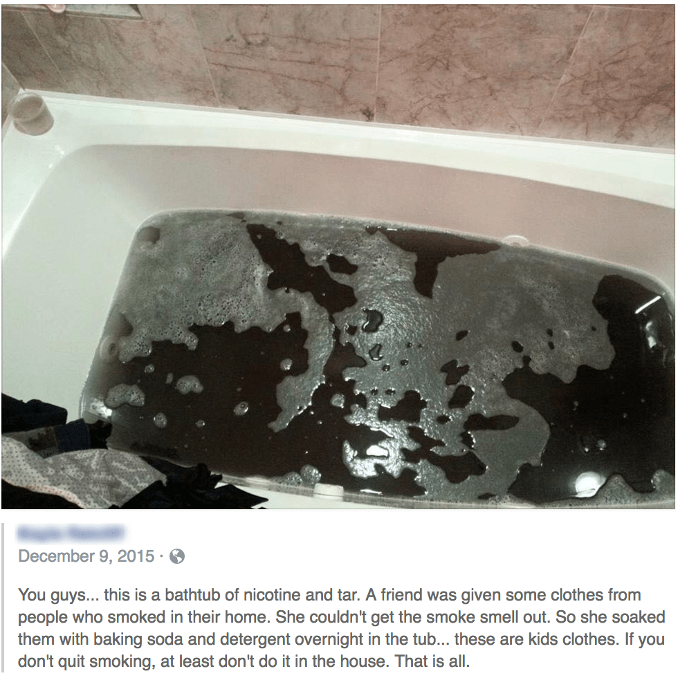 Woman washes kids' smoky clothes in bathtub, nicotine and tar appears