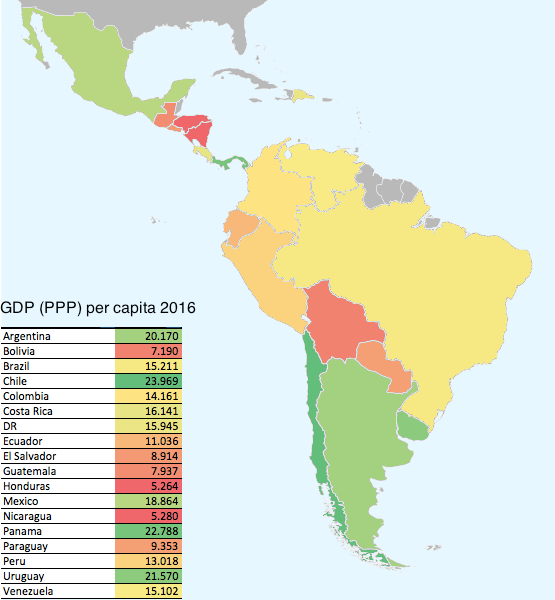 Latin American Countries by GDP (PPP) per capita 2016 [OC][555x600] r/MapPorn