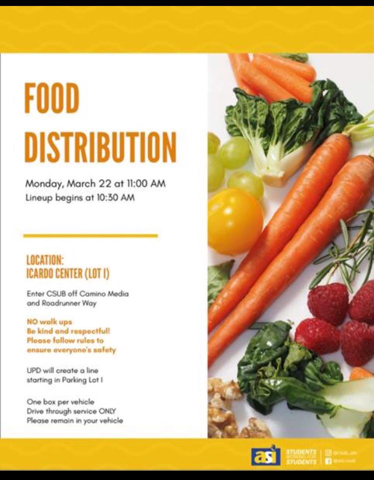 Free food distribution tomorrow morning at CSUB. Open to the general
