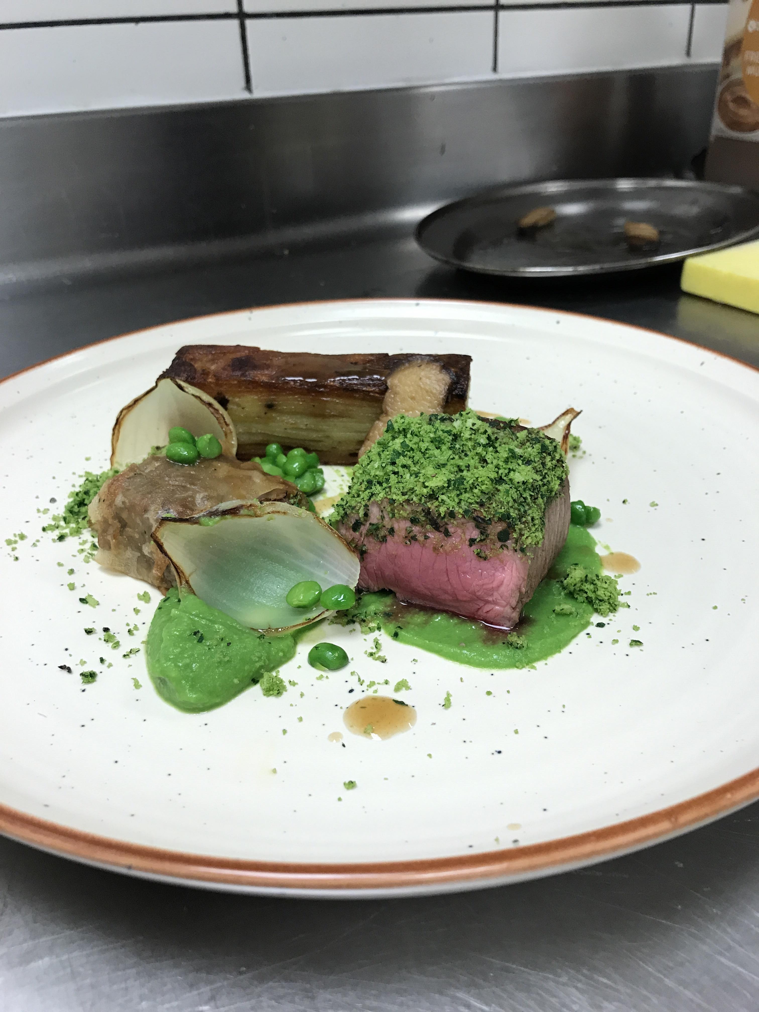 Lamb Canon,Filo Lamb Shoulder,Potato Terrine, Peas, Onion and Mushrooms. r/CulinaryPlating
