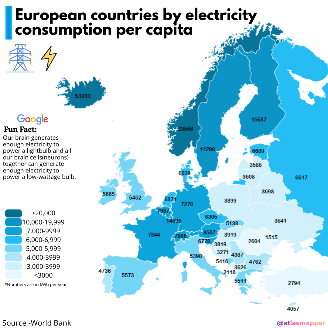 European countries by electricity per capita r/MapPorn