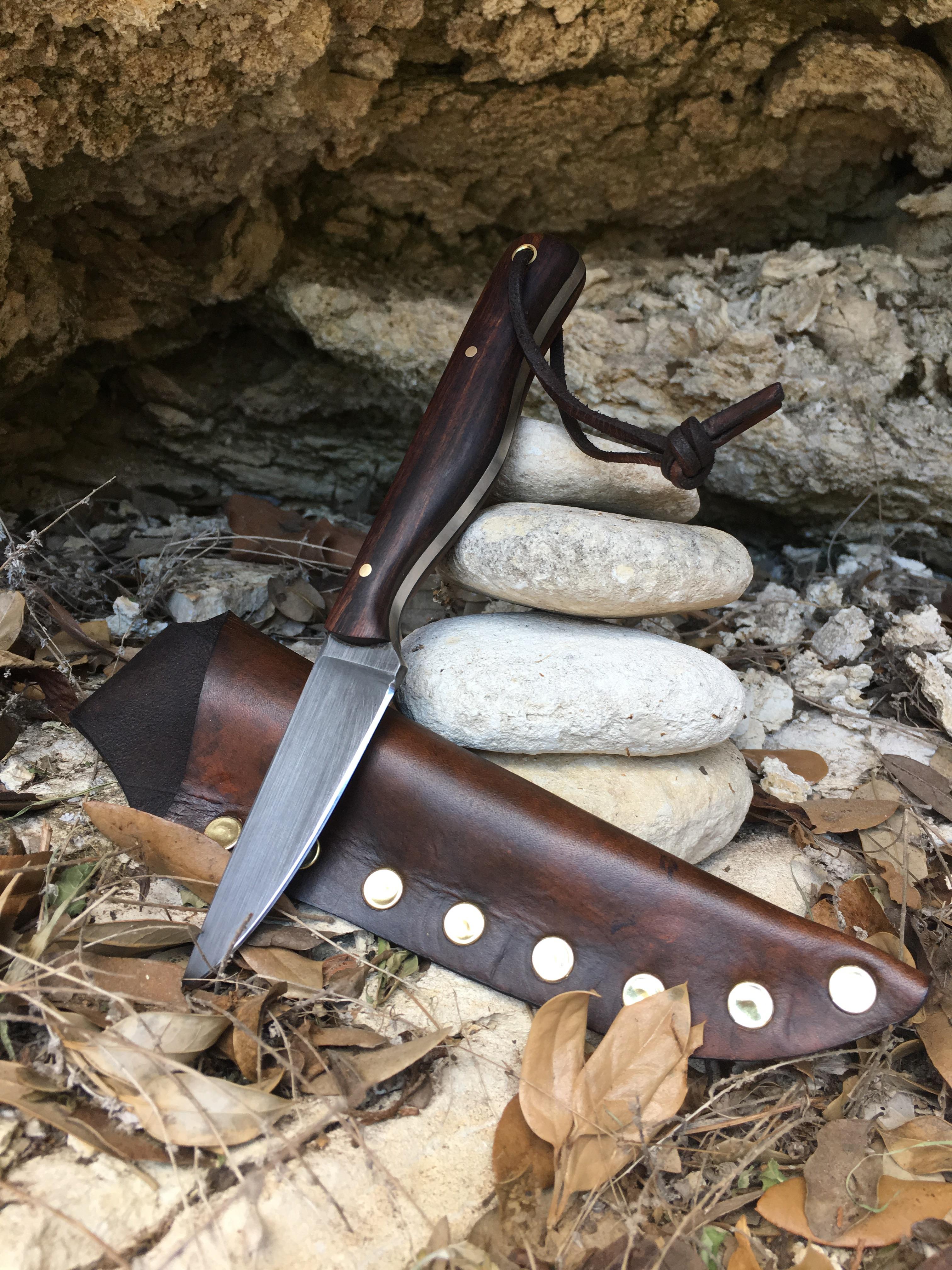 My first knife ever! Acid etched high carbon steel, African ironwood