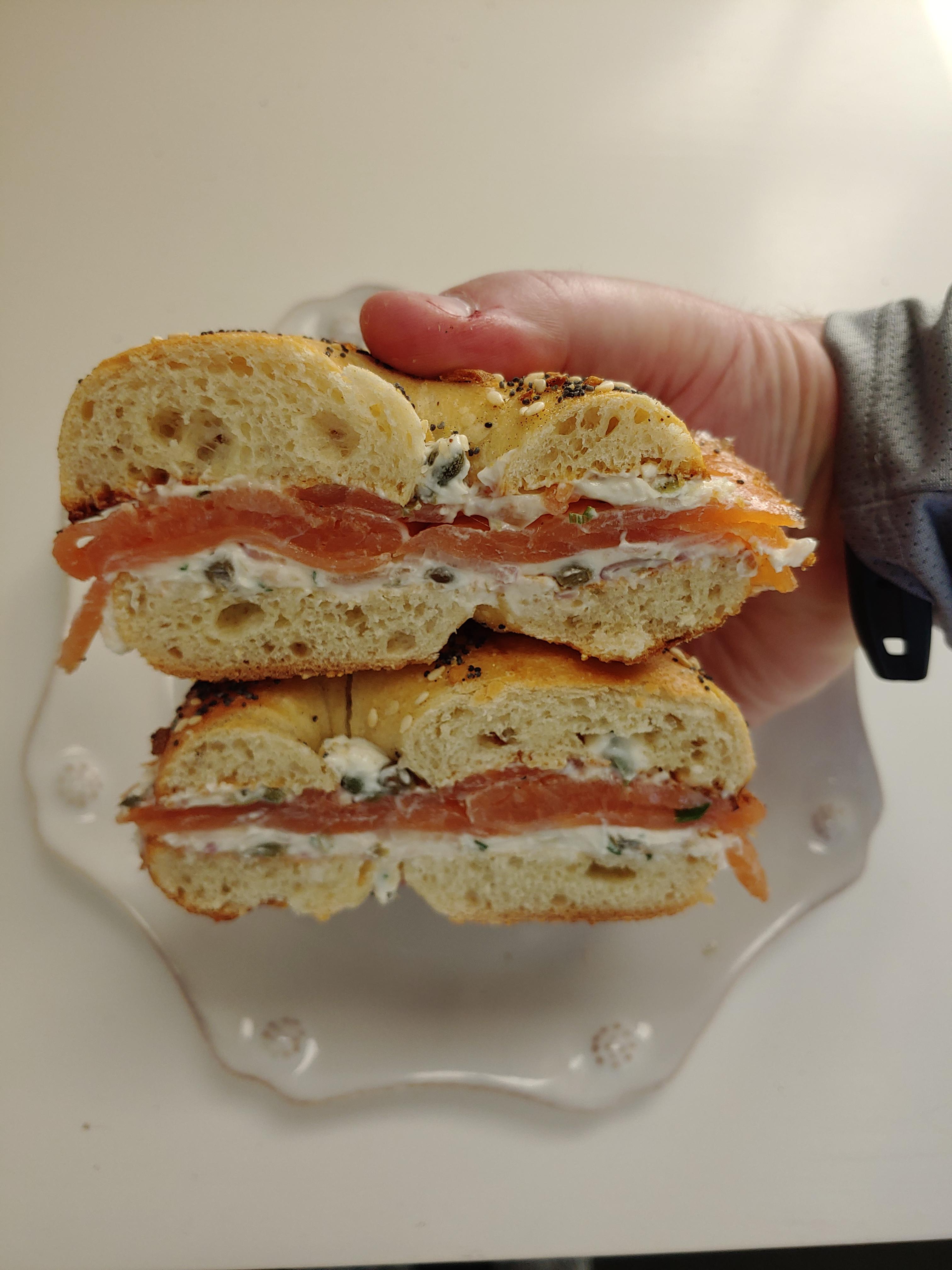 [Homemade] Nova lox on everything bagel with scallion, shallot, and