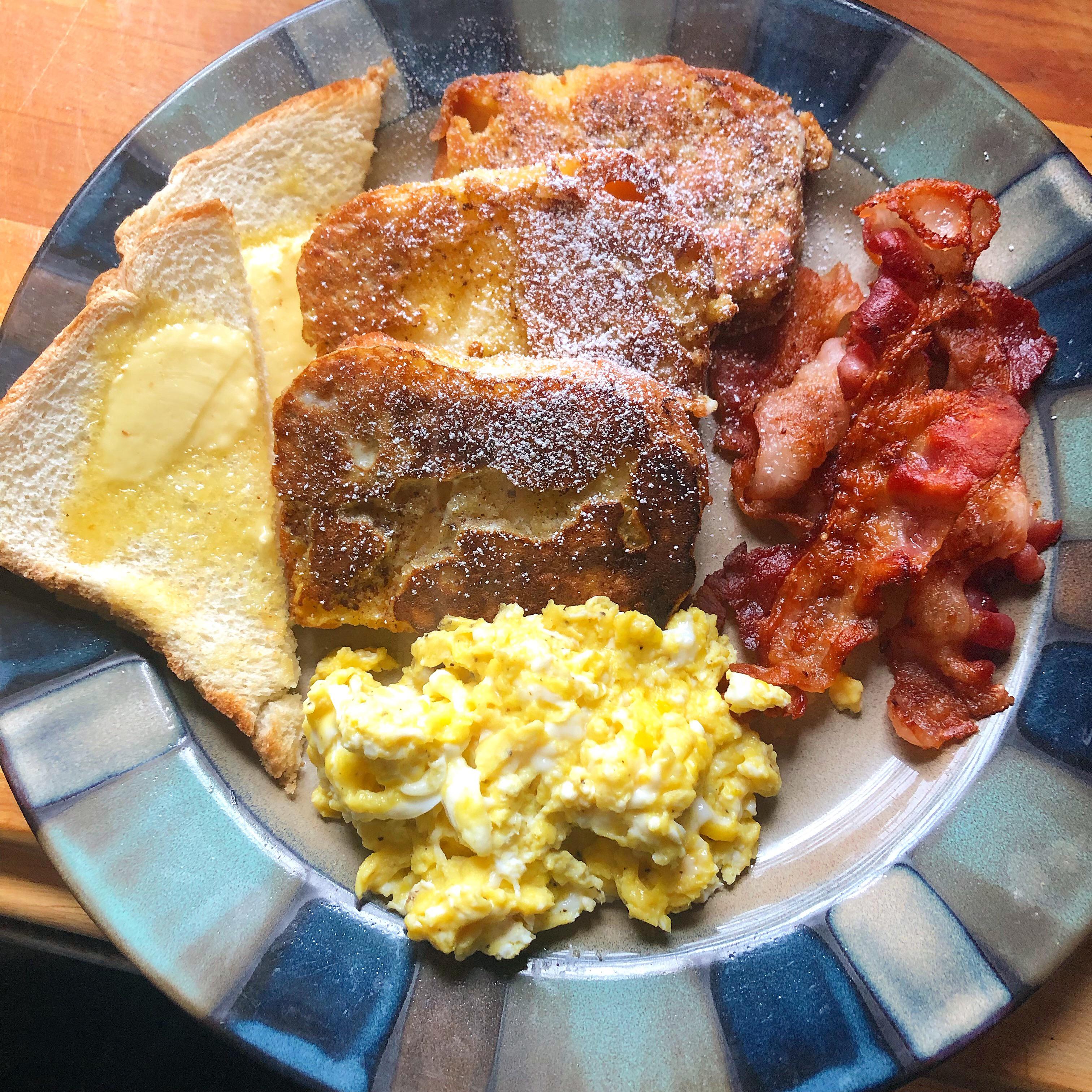 [Homemade] Poundcake french toast, scrambled eggs, and bacon r/food