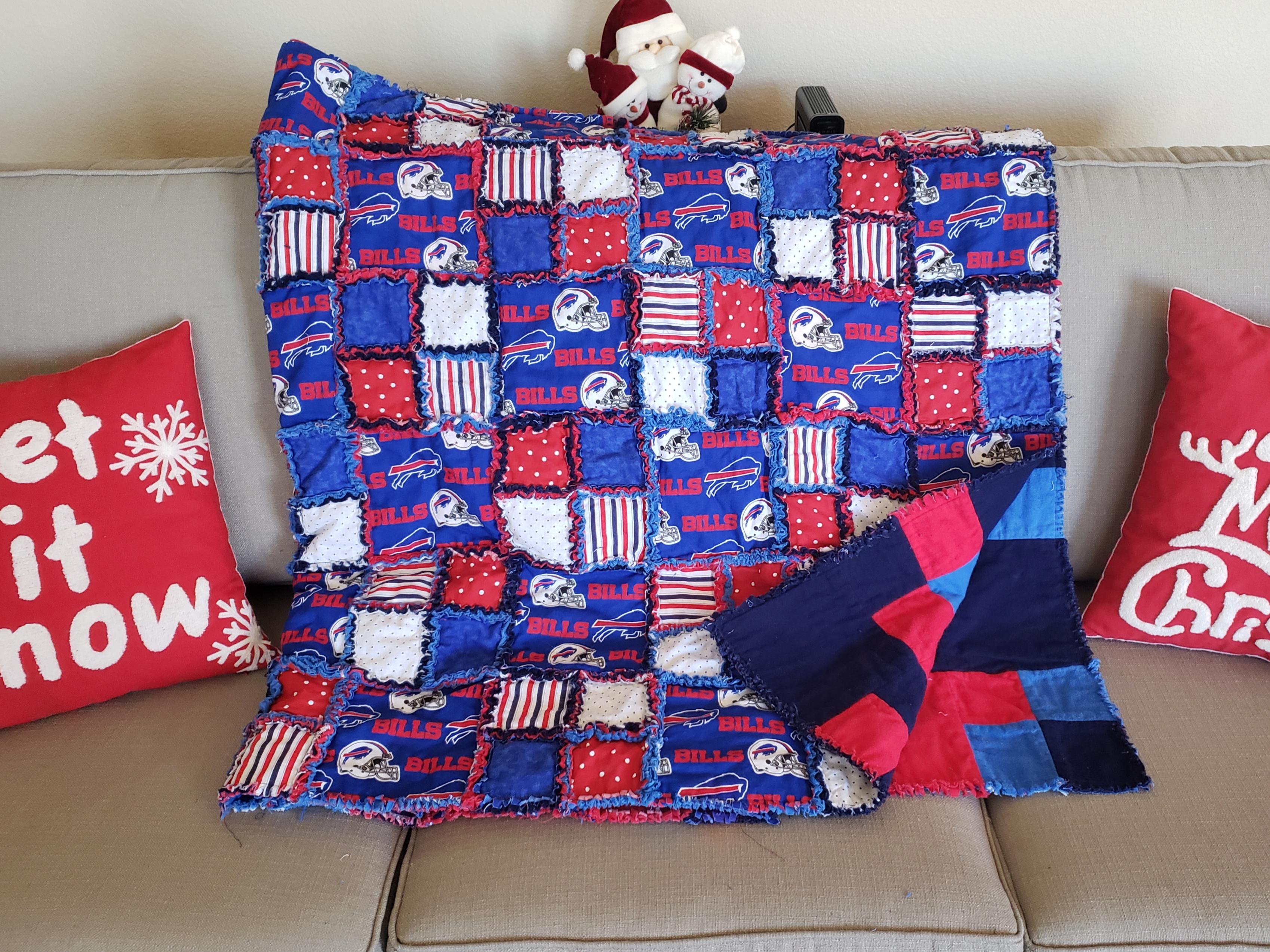 Buffalo Bills rag quilt. It's slightly smaller than a queen size
