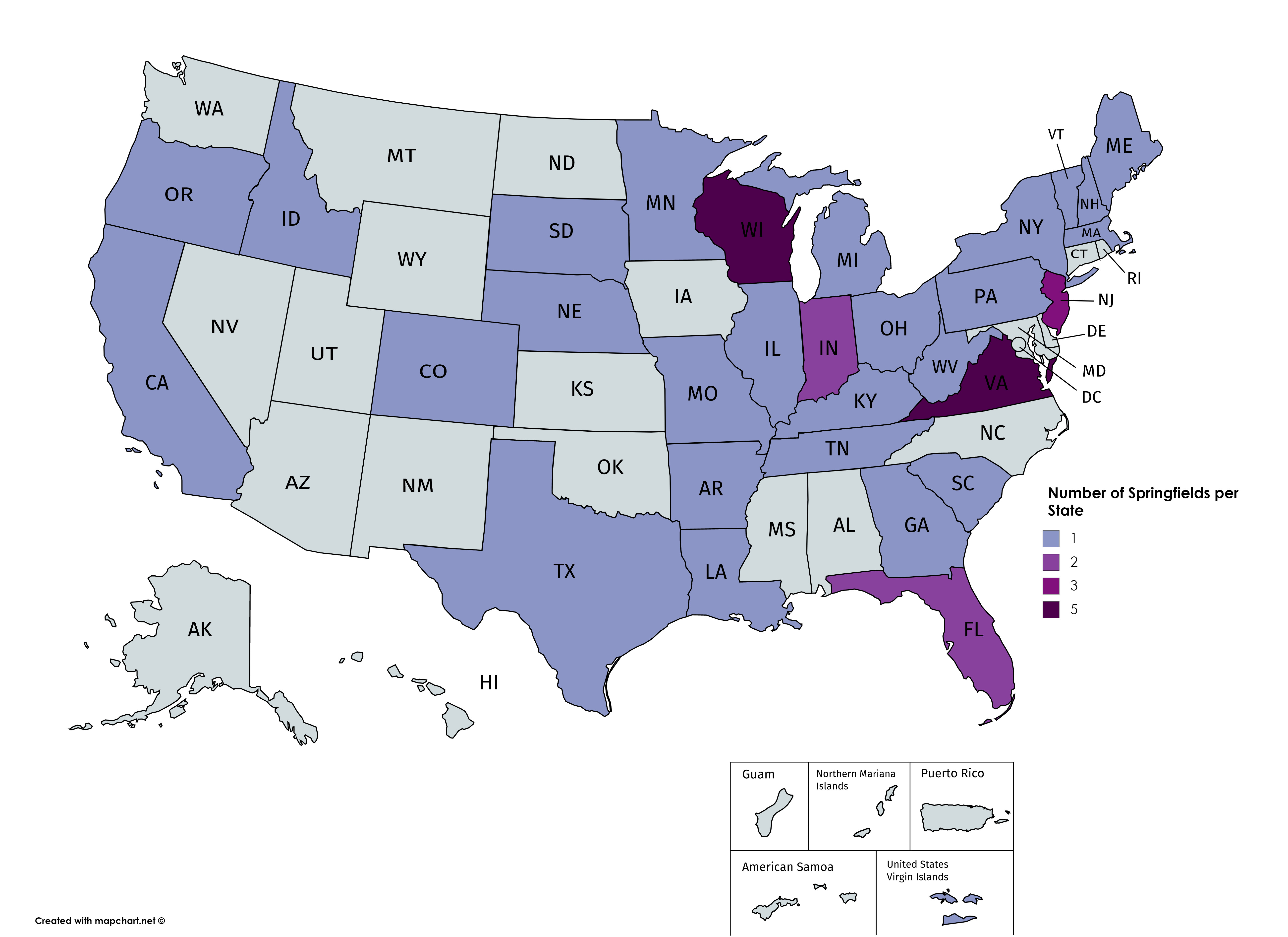 Number of towns called Springfield per state r/MapPorn