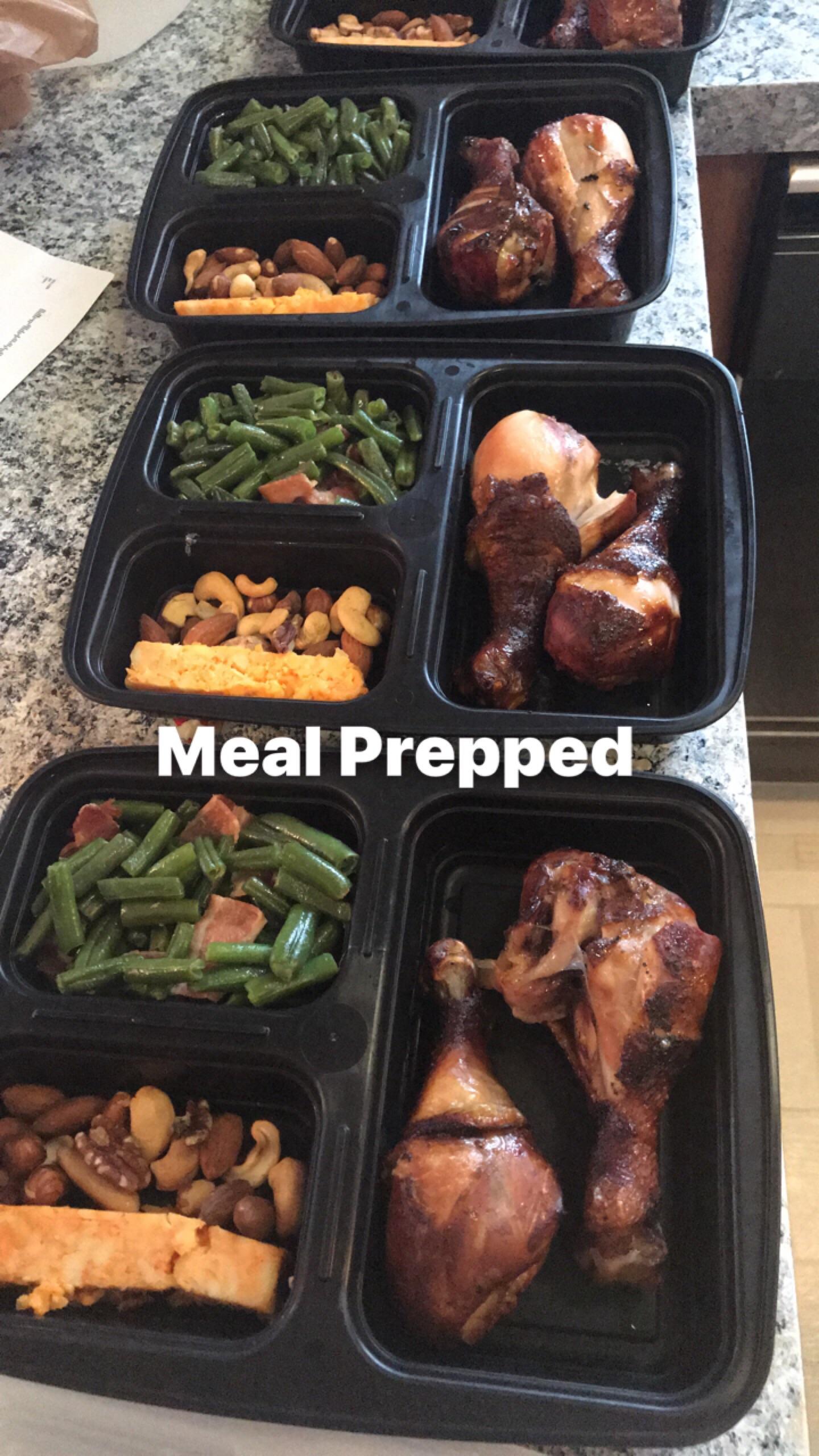 Keto lunches, smoked chicken, green beans with bacon, sriracha cheddar