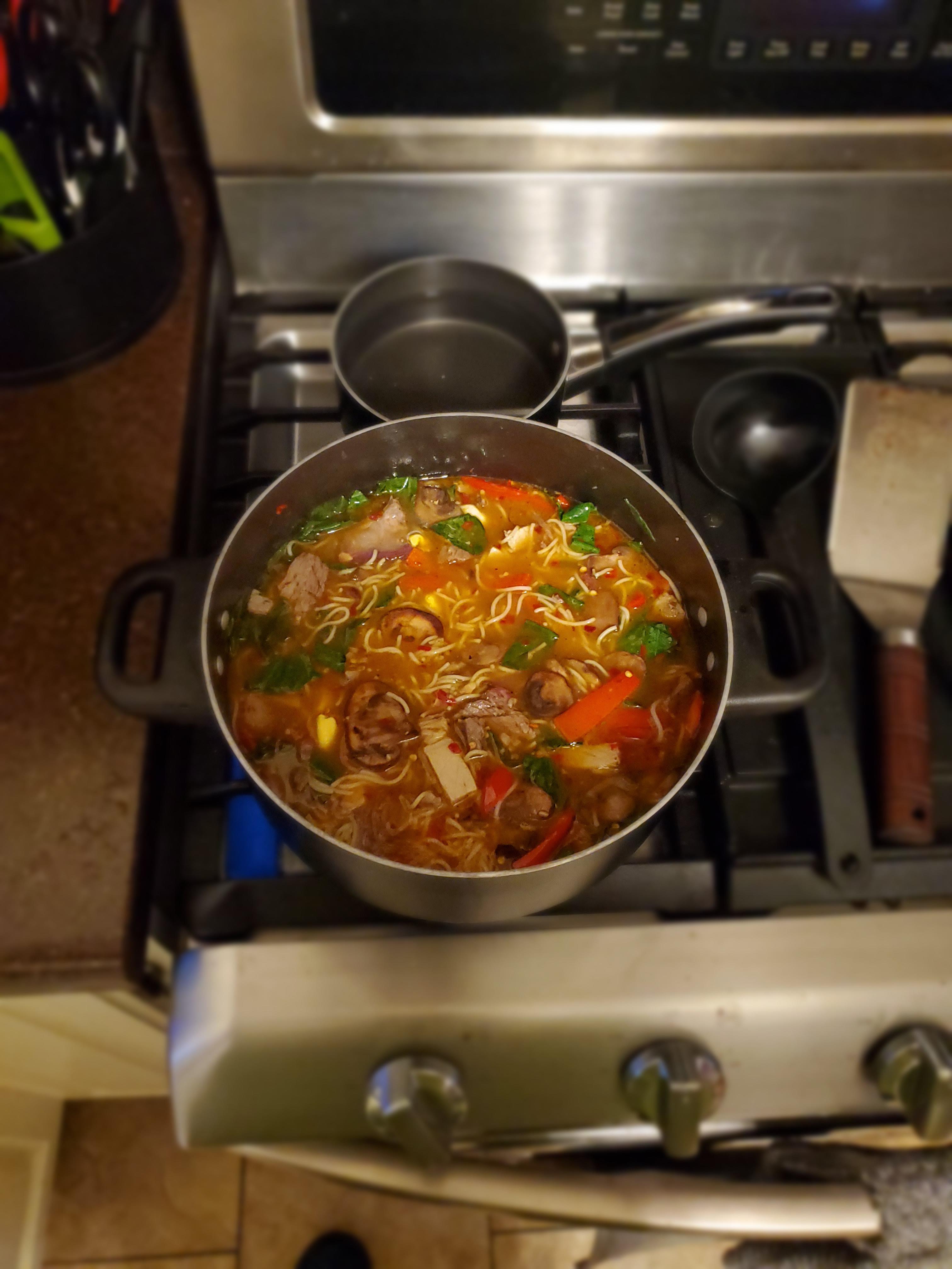 (I made) Ramen with homemade beef broth, smoked beef rib, & diced pork