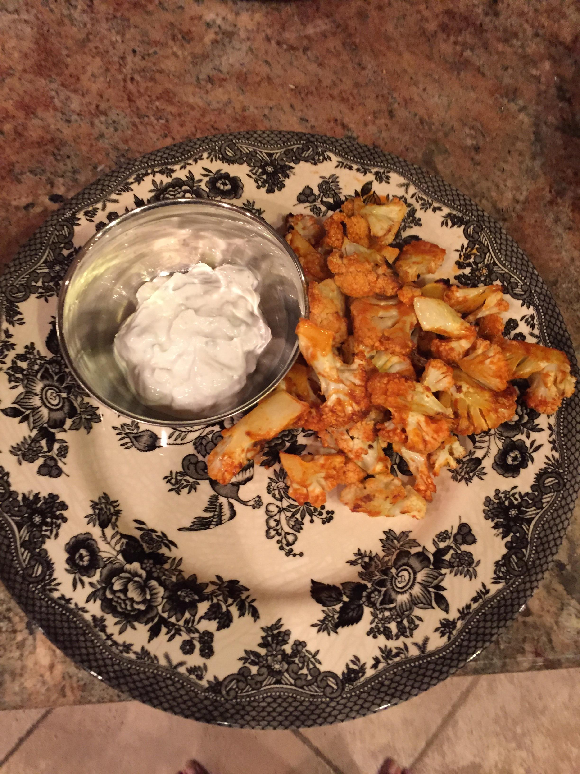 Healthy Buffalo Cauliflower Wings with a Blue Cheese Dipping Sauce r