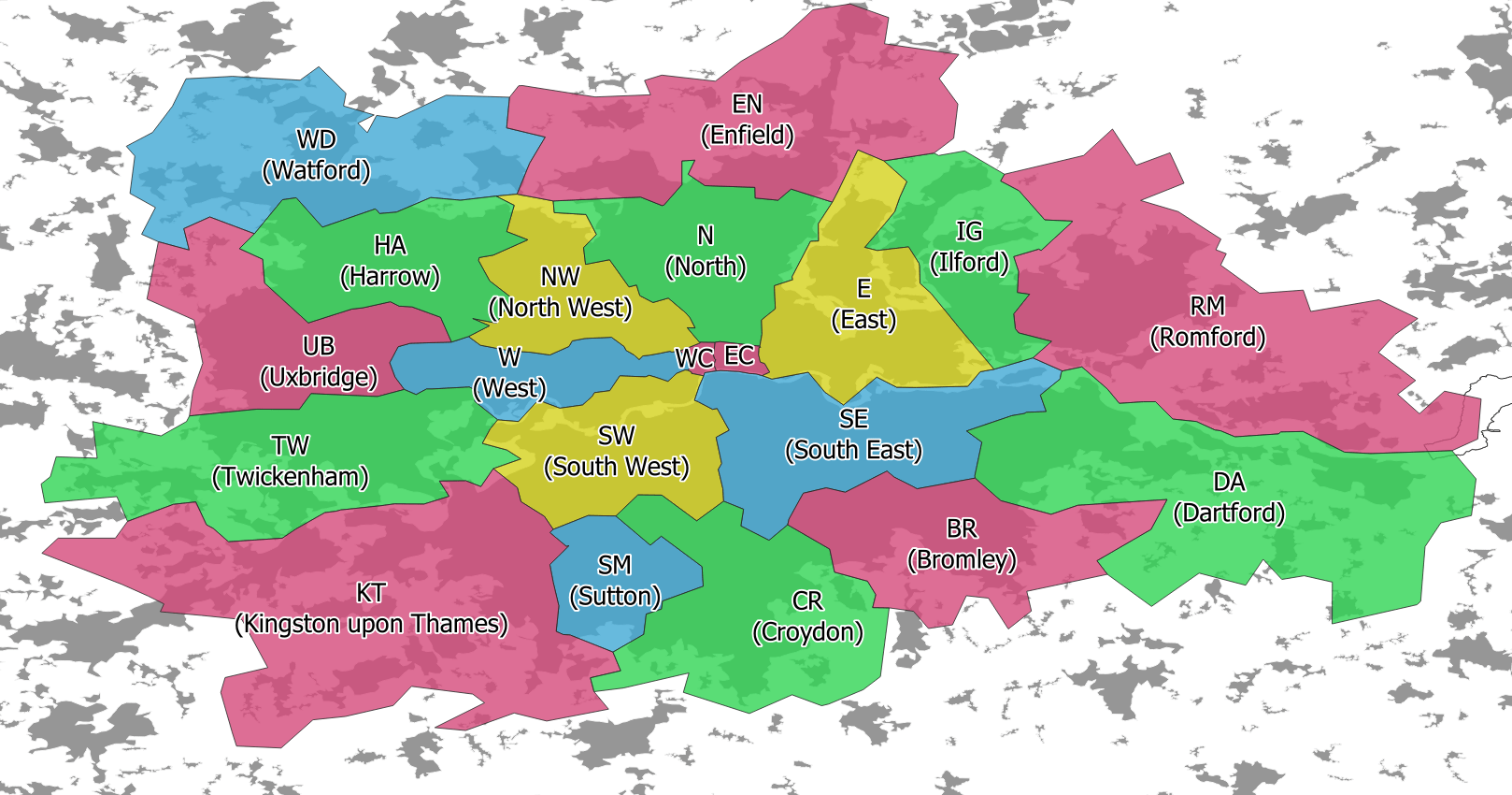 London Post Code Areas Map r/london