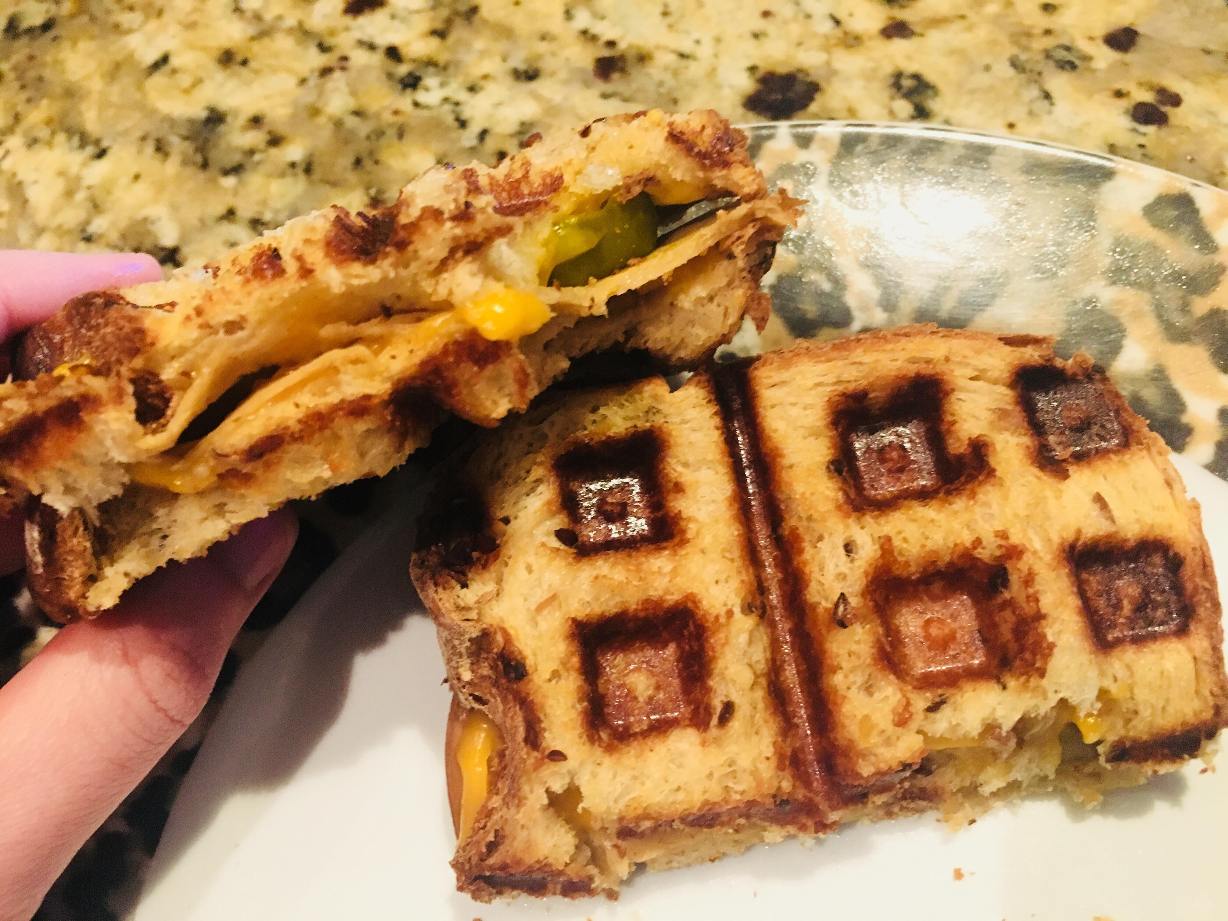 Waffle grilled cheese with Tofurky and pickles r/ShittyVeganFoodPorn