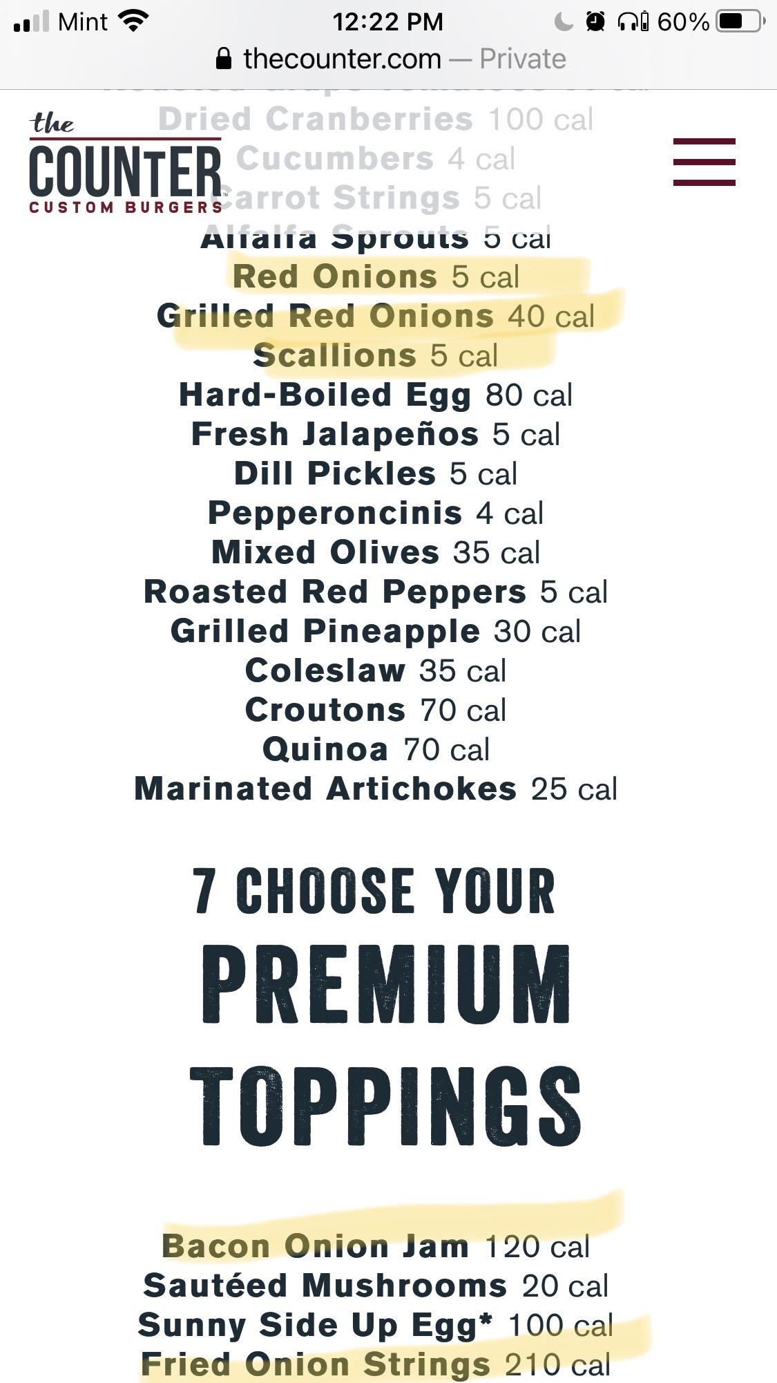 The toppings menu at The Counter burger restaurant. r/OnionLovers