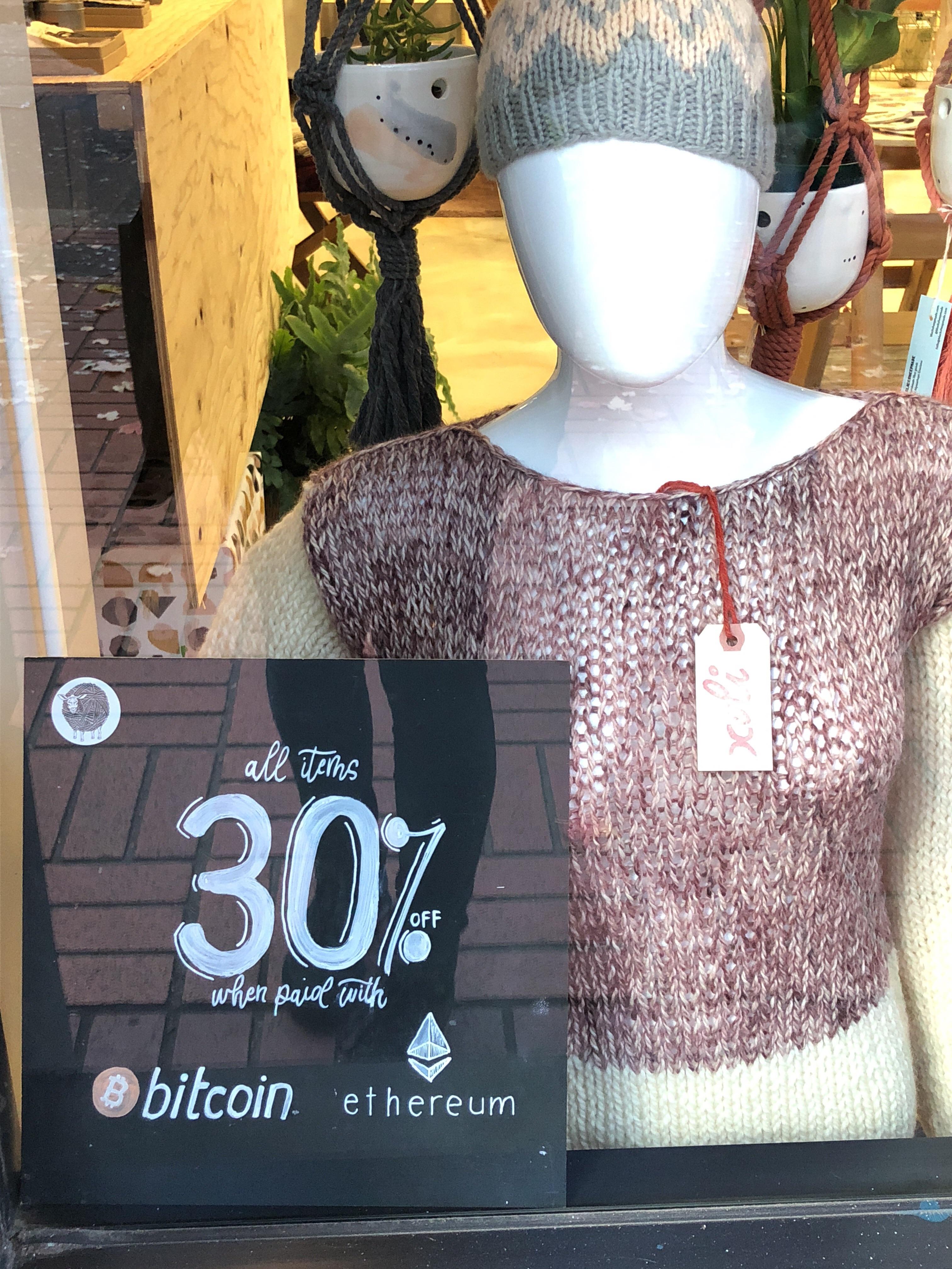 As seen at a craft wool company in Portland, Oregon. Bitcoin
