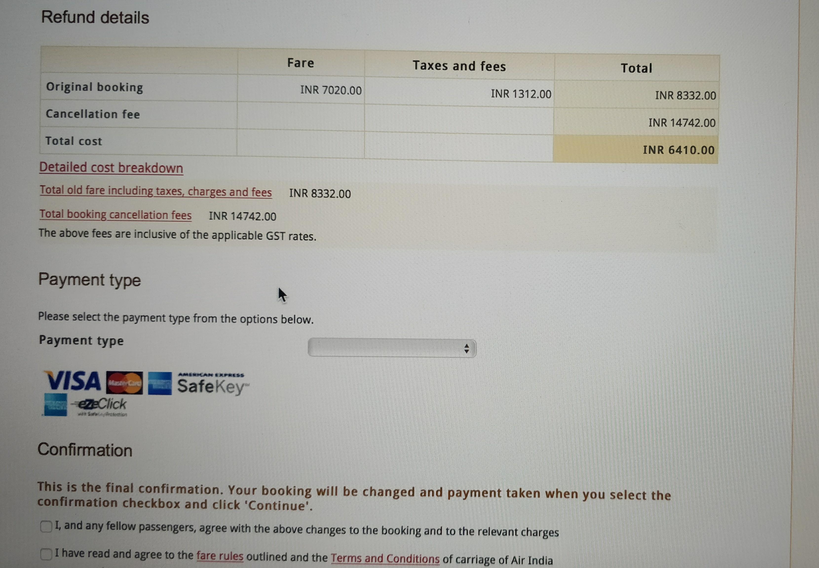 Being charged more to cancel my flight tickets (AirIndia) india
