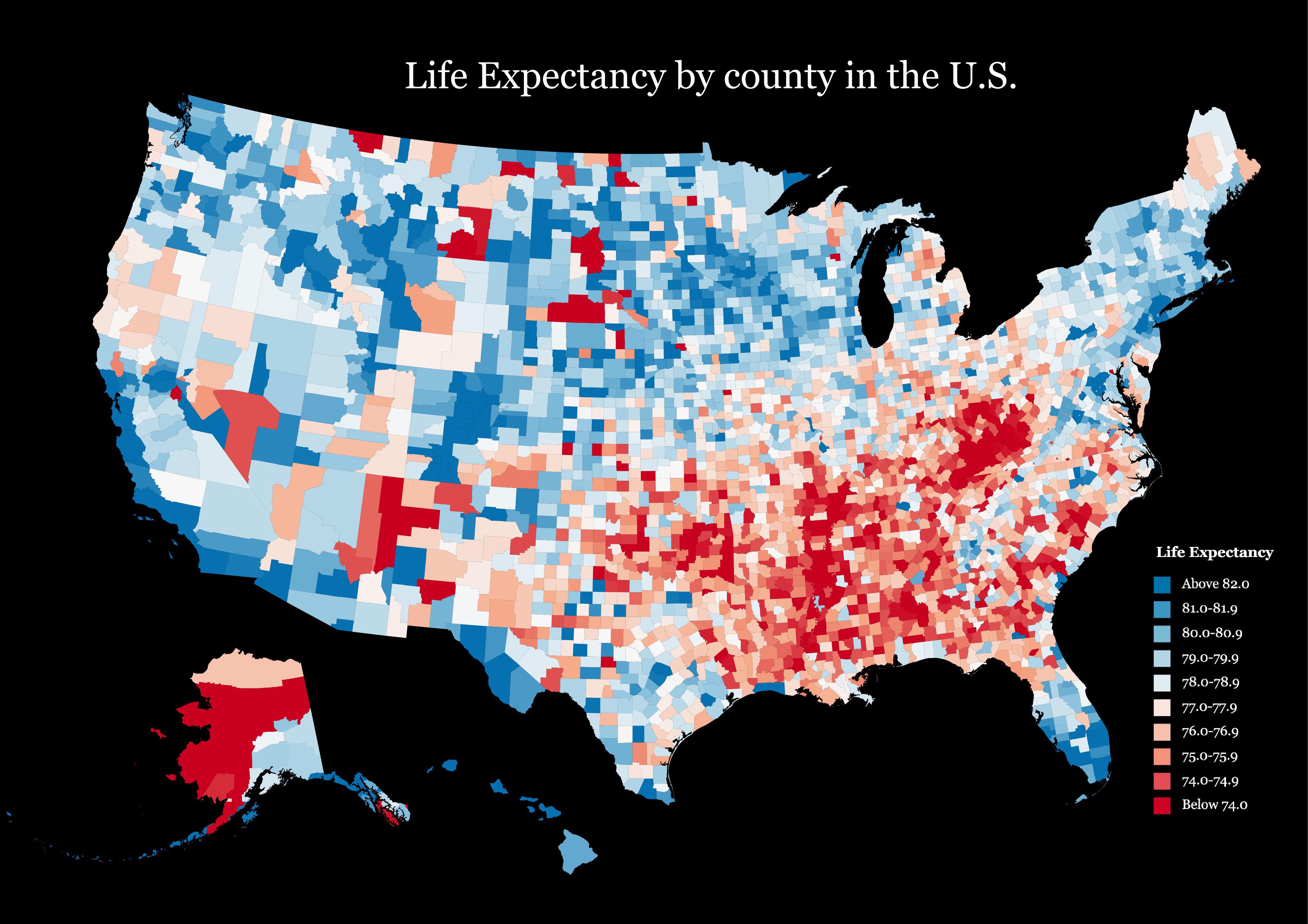 Life expectancy by county in the U.S. [OC] r/dataisbeautiful