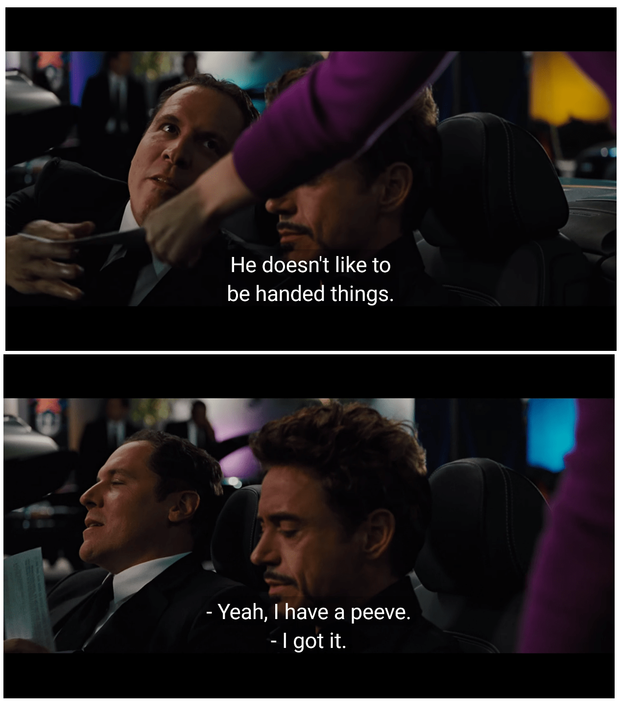 In Iron Man 2, why doesn't Tony like to be handed things