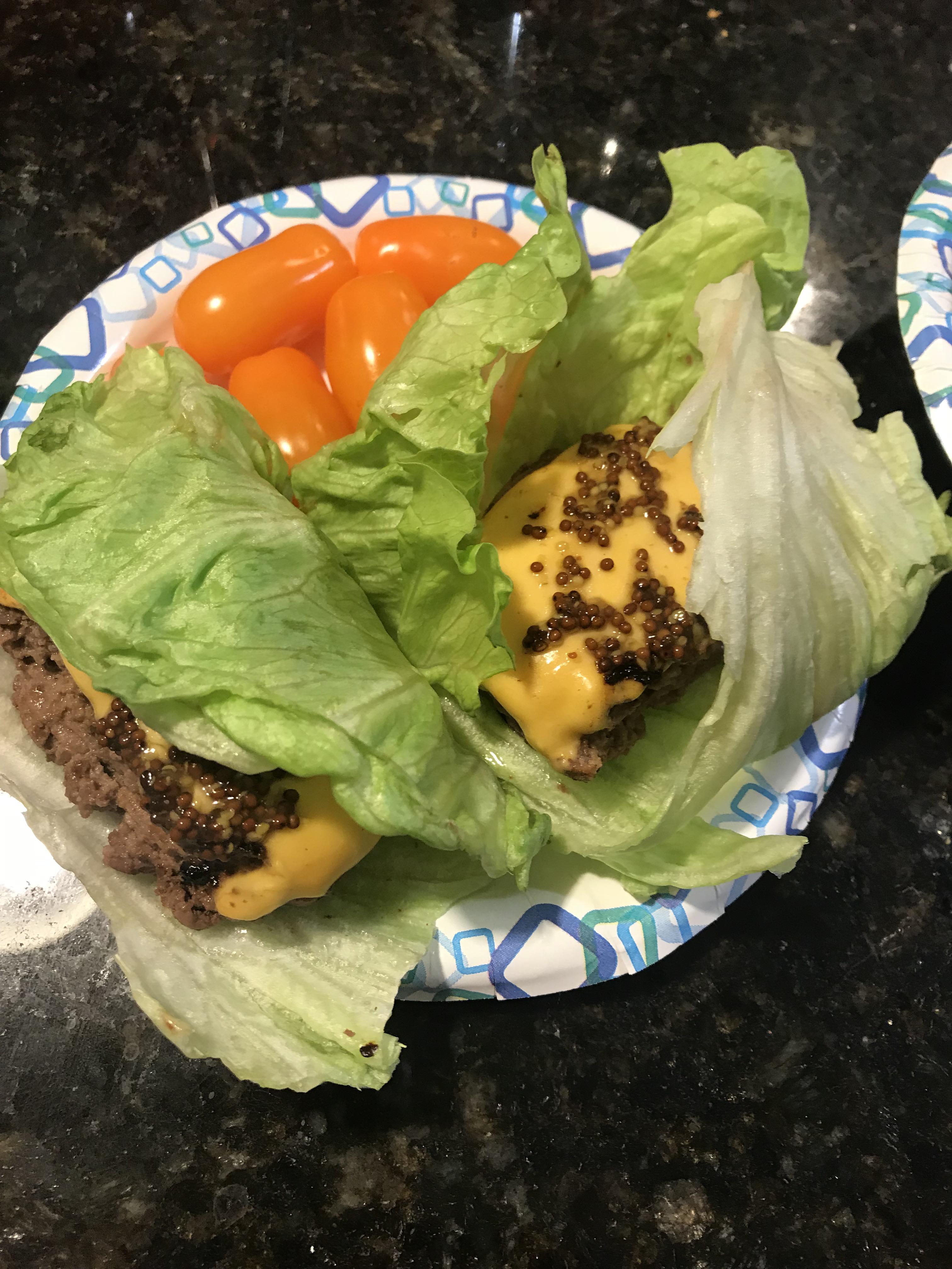 One of my favorite dinners cheeseburger with whole grain mustard on a
