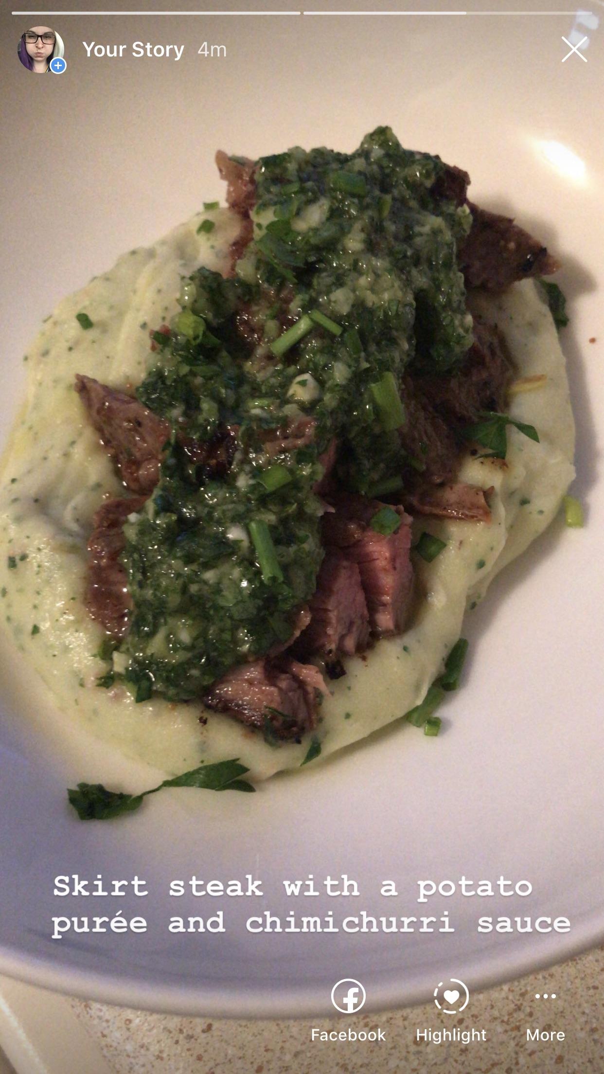 Made a skirt steak with a potato purée and chimichurri sauce. This cast