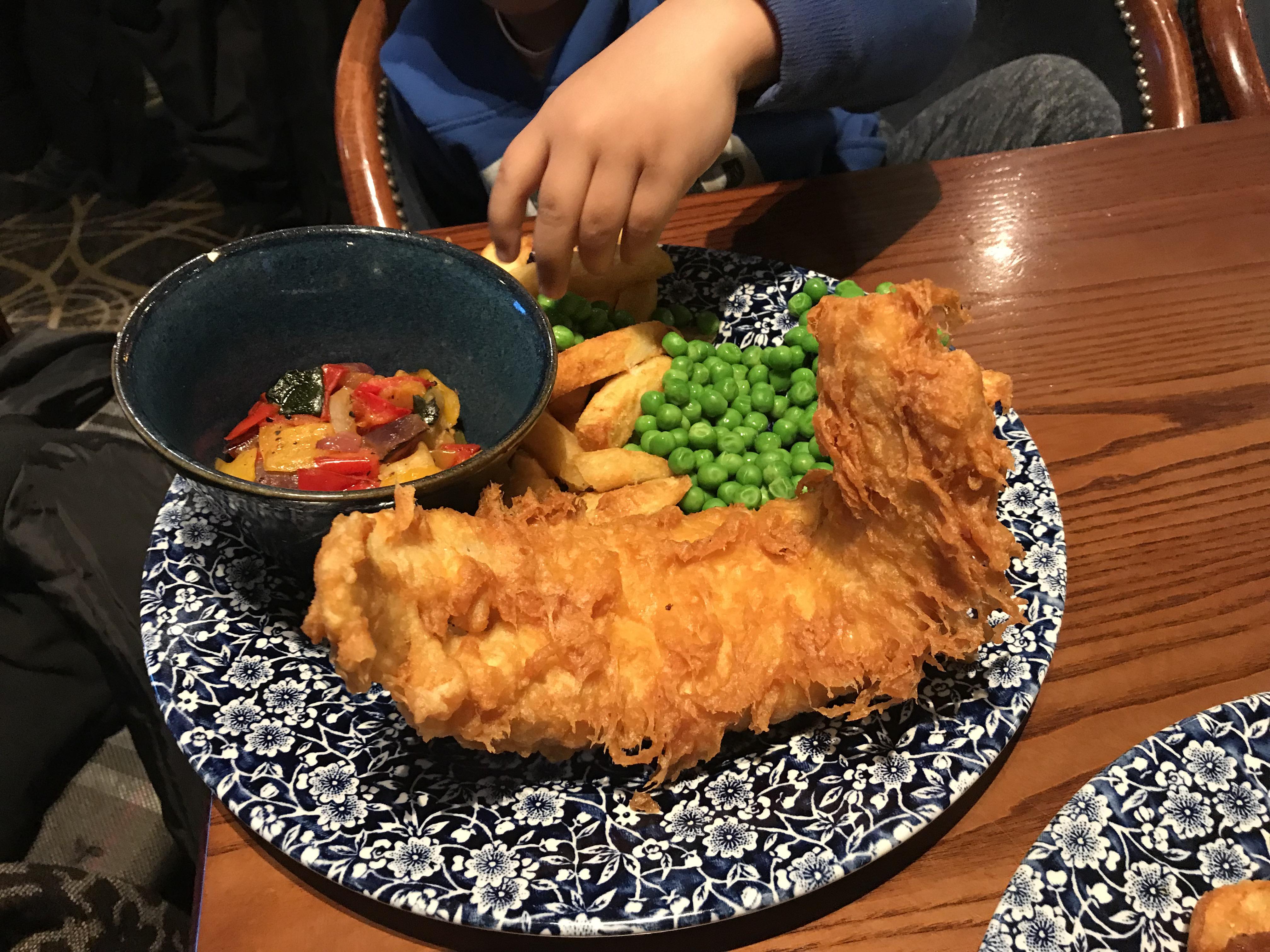 Fish and chips with roasted veggies r/FoodPorn