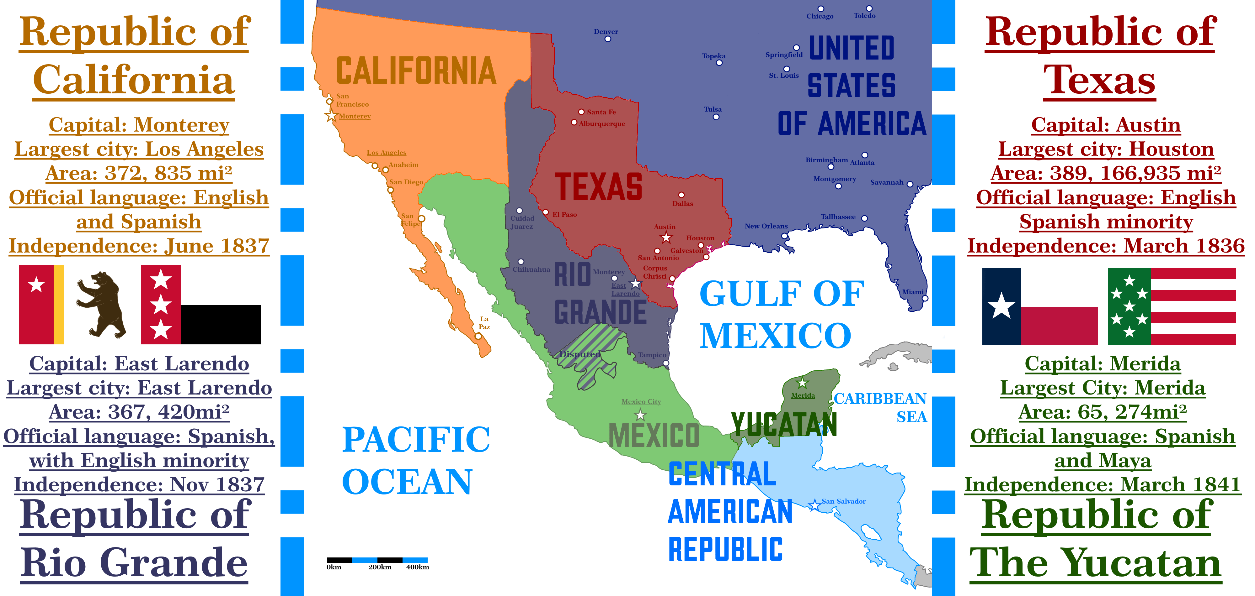 The break up of the Centralist Republic of Mexico, 1836 to 1841. r