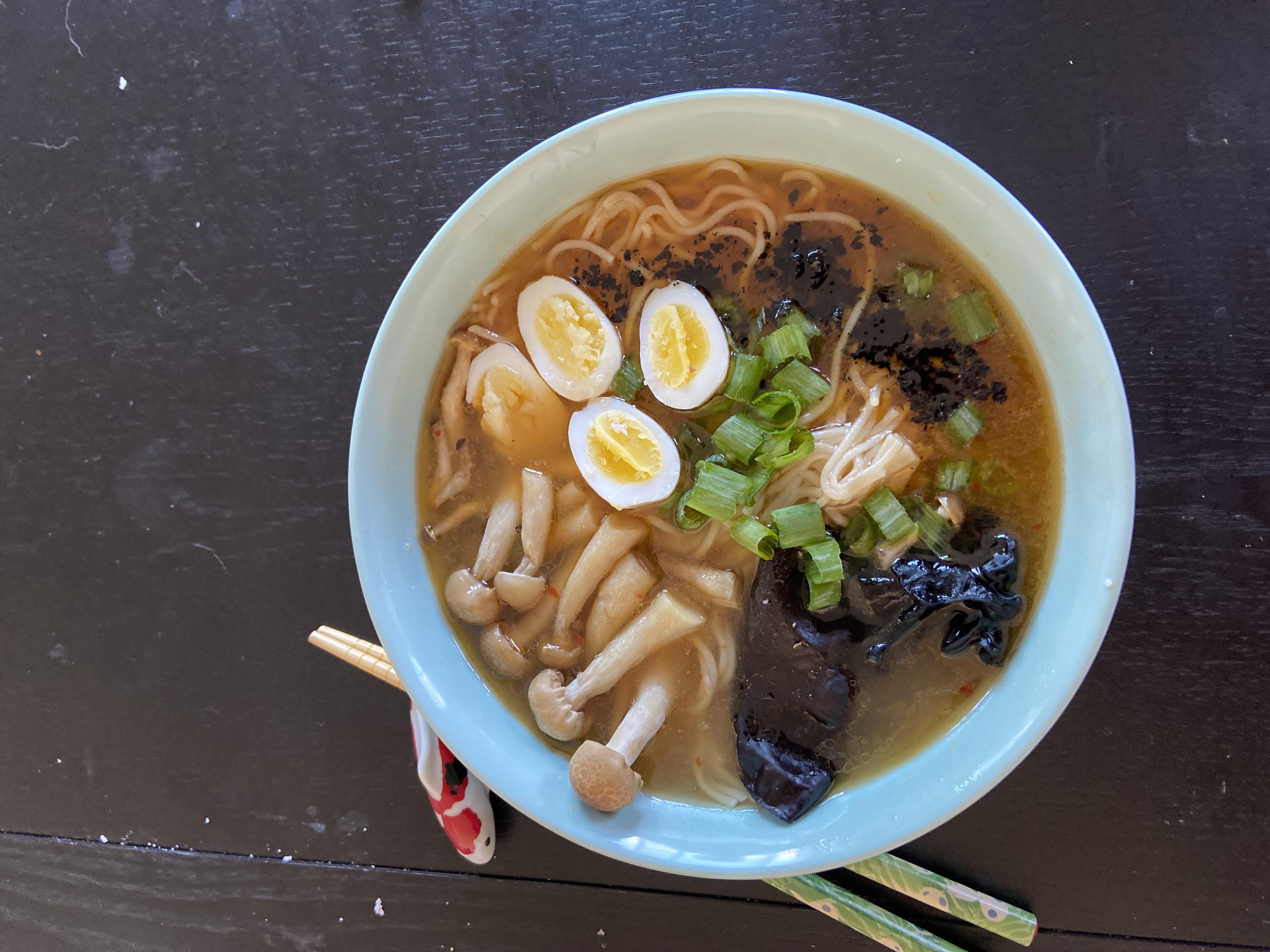Homemade Beef broth ramen with quail eggs, Black fungus, and an attempt