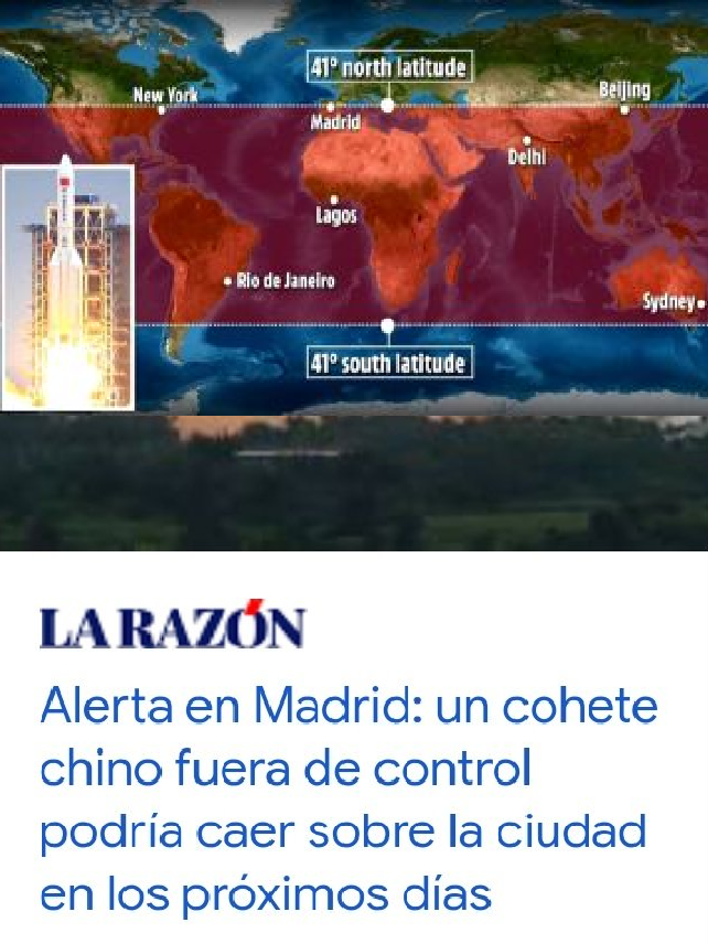 Zonas donde puede caer el cohete chino ; El titular de la noticia r