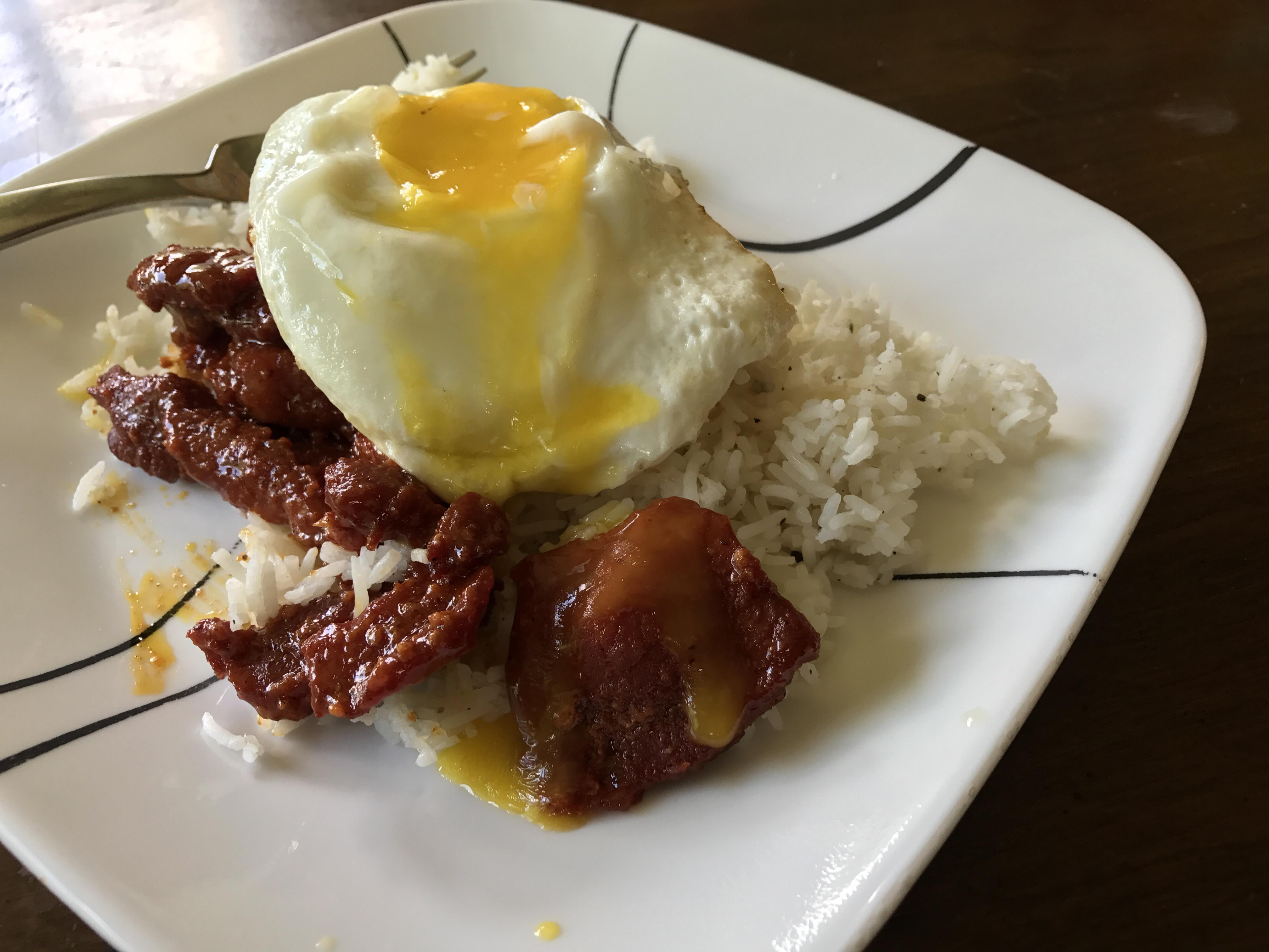[OC] homemade tocino. Served with basmati rice (cooked with star anise