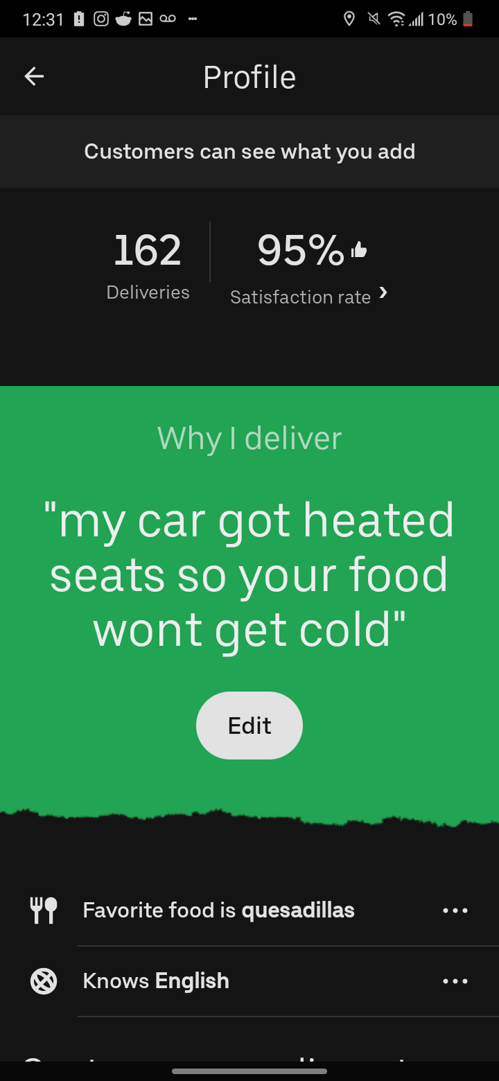 i see people sharing their "why i deliver" quotes, what's yalls? r/UberEATS
