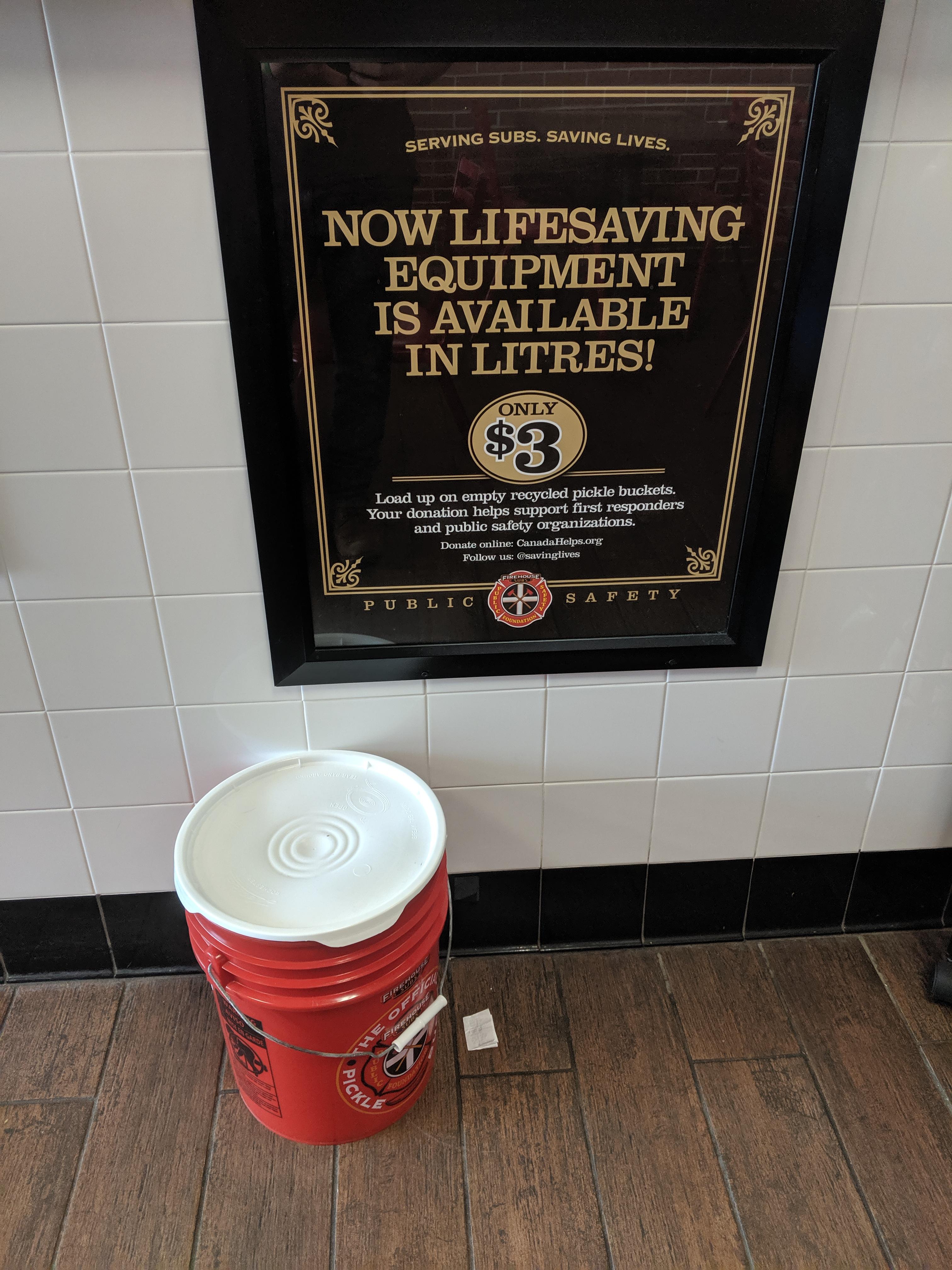 3 buckets at Firehouse Subs. Not a bad price for a simple setup. Plus it goes to charity. r