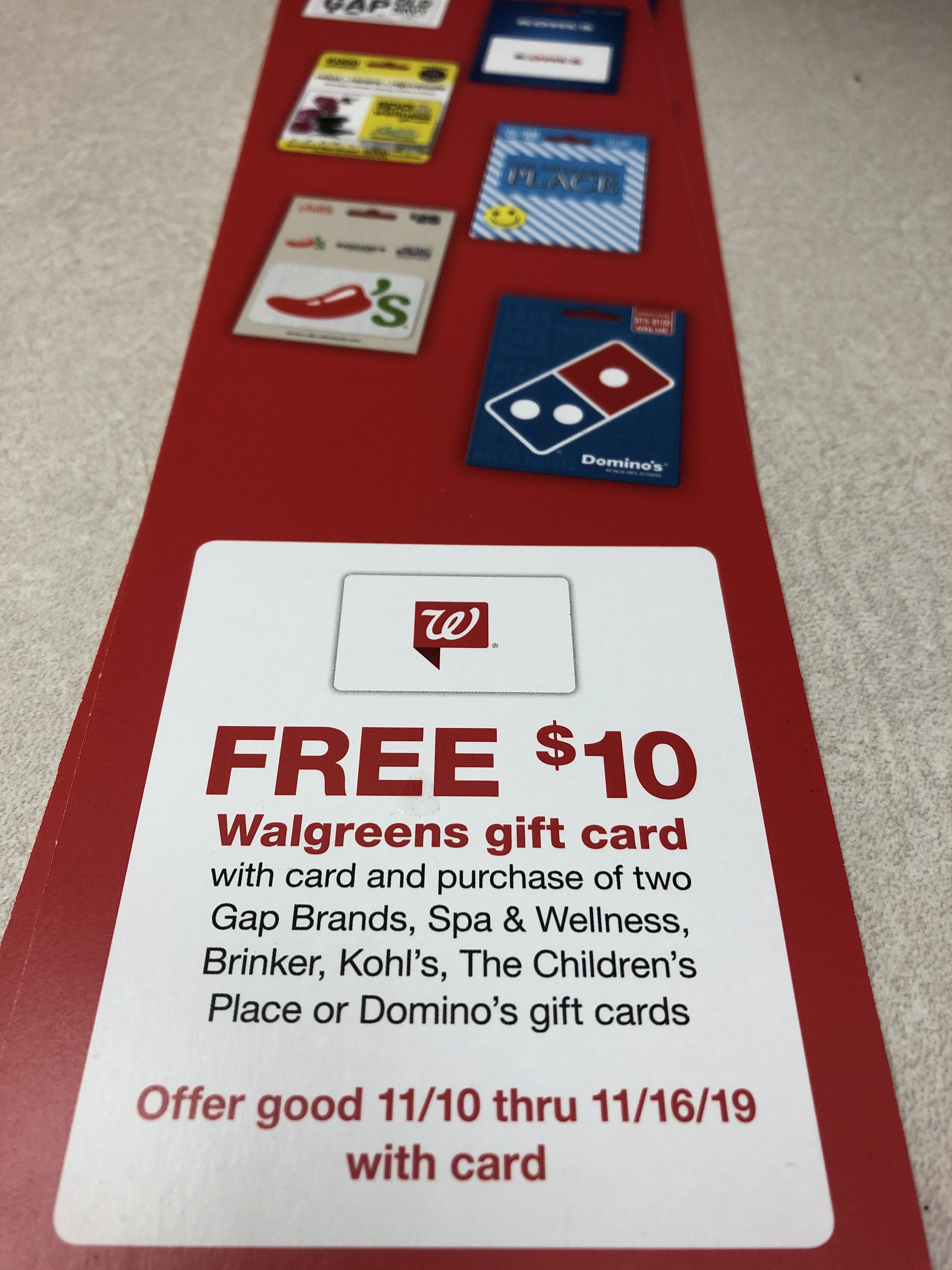 Which Walgreens gift card do we use for the free 10 with purchase of two other cards? r